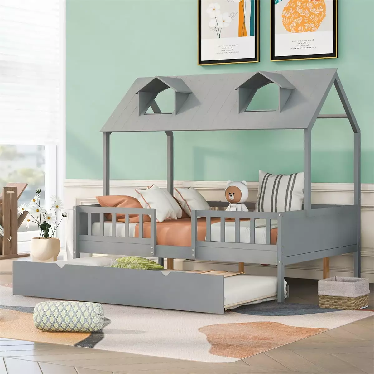 House Bed with Trundle. Full Size Wood Bed with Twin Size Trundle for Kids Teens Adults. Platform Bed Frame with Roof and Windows Can be Decorated. Playhouse Design Bed for Bedroom Dormitory. Gray