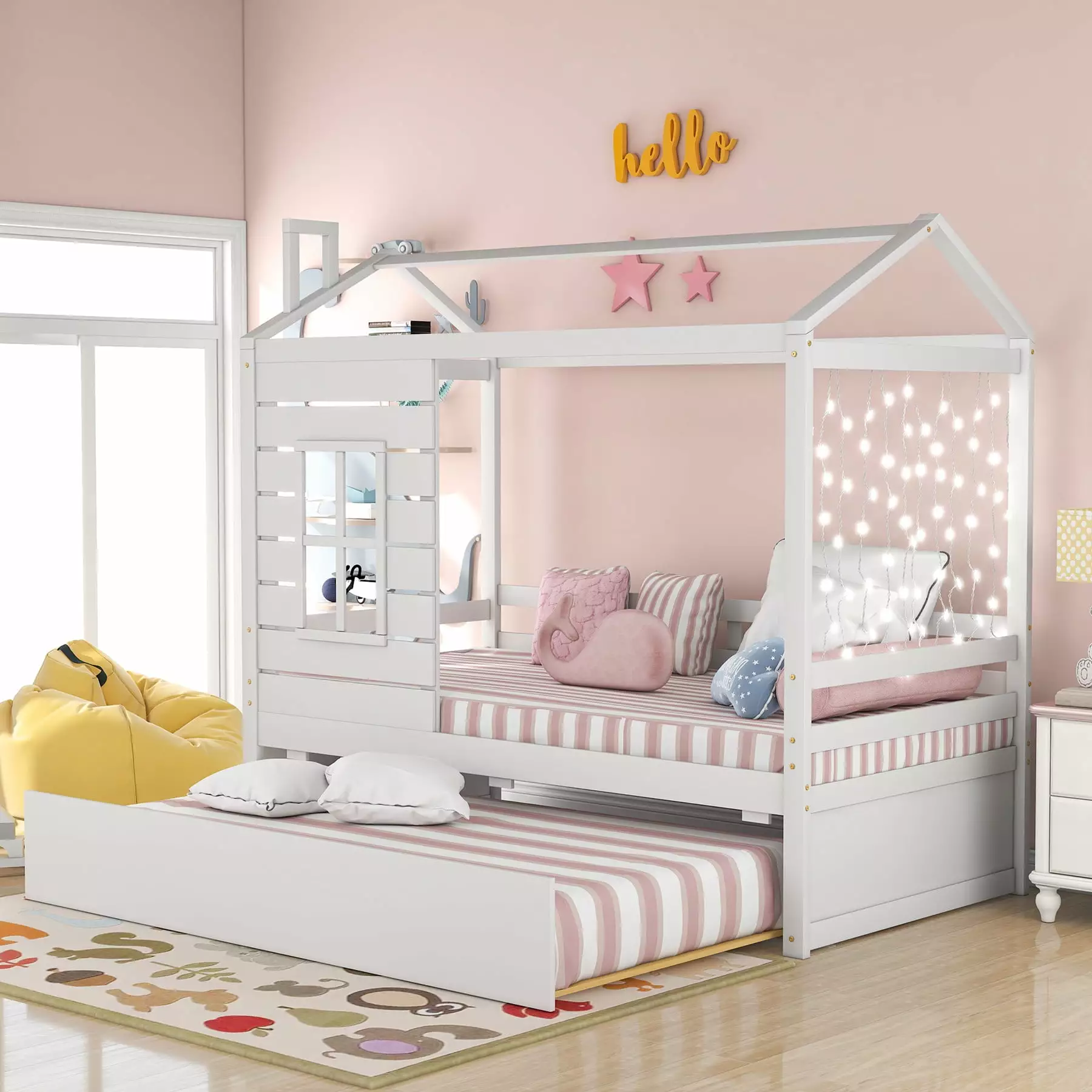 House Bed with Twin Size Trundle. Twin Size Solid Wood Platform Bed Frame with Roof. Window and Chimney for Kids Teens Girls and Boys Bedroom. Easy Assembly. No Box Spring Needed. White