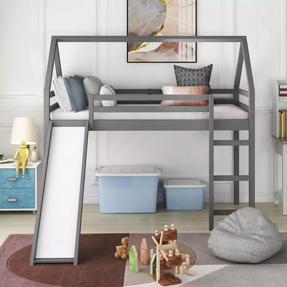 House Loft Bed with Slide. Solid Wood Twin Size Loft Bed with Ladder and Guardrail Twin Loft Bed Frame with Under Bed Storage Kids Twin Loft Bed Frame for Boys Girls. Gray