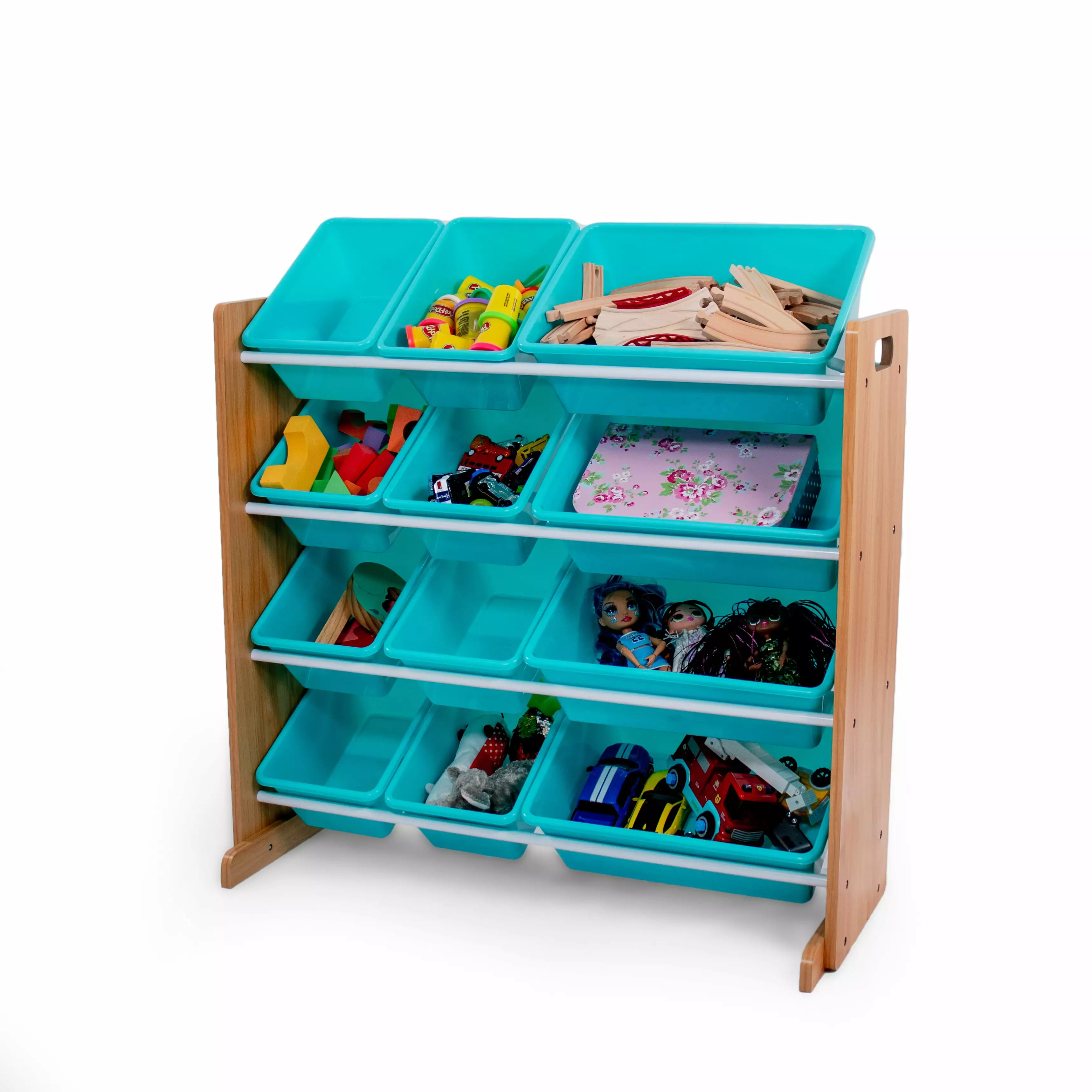 Humble Crew 12 Bin Toy Storage Organizer. Natural Wood/Aqua