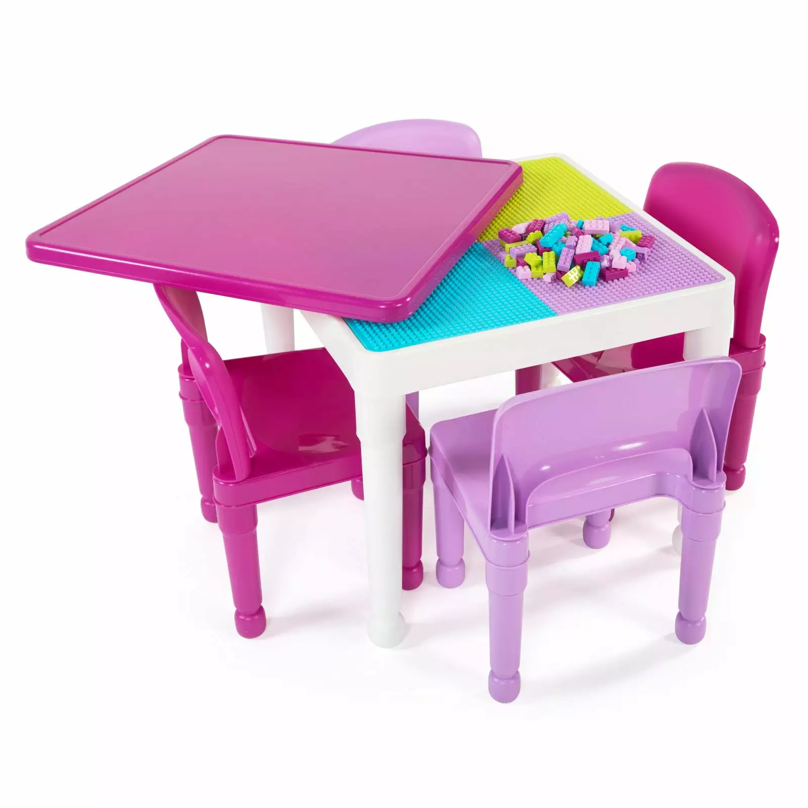 Humble Crew 2-in-1 Child Plastic Activity Table and 4 Chairs Set. White. Pink & Purple