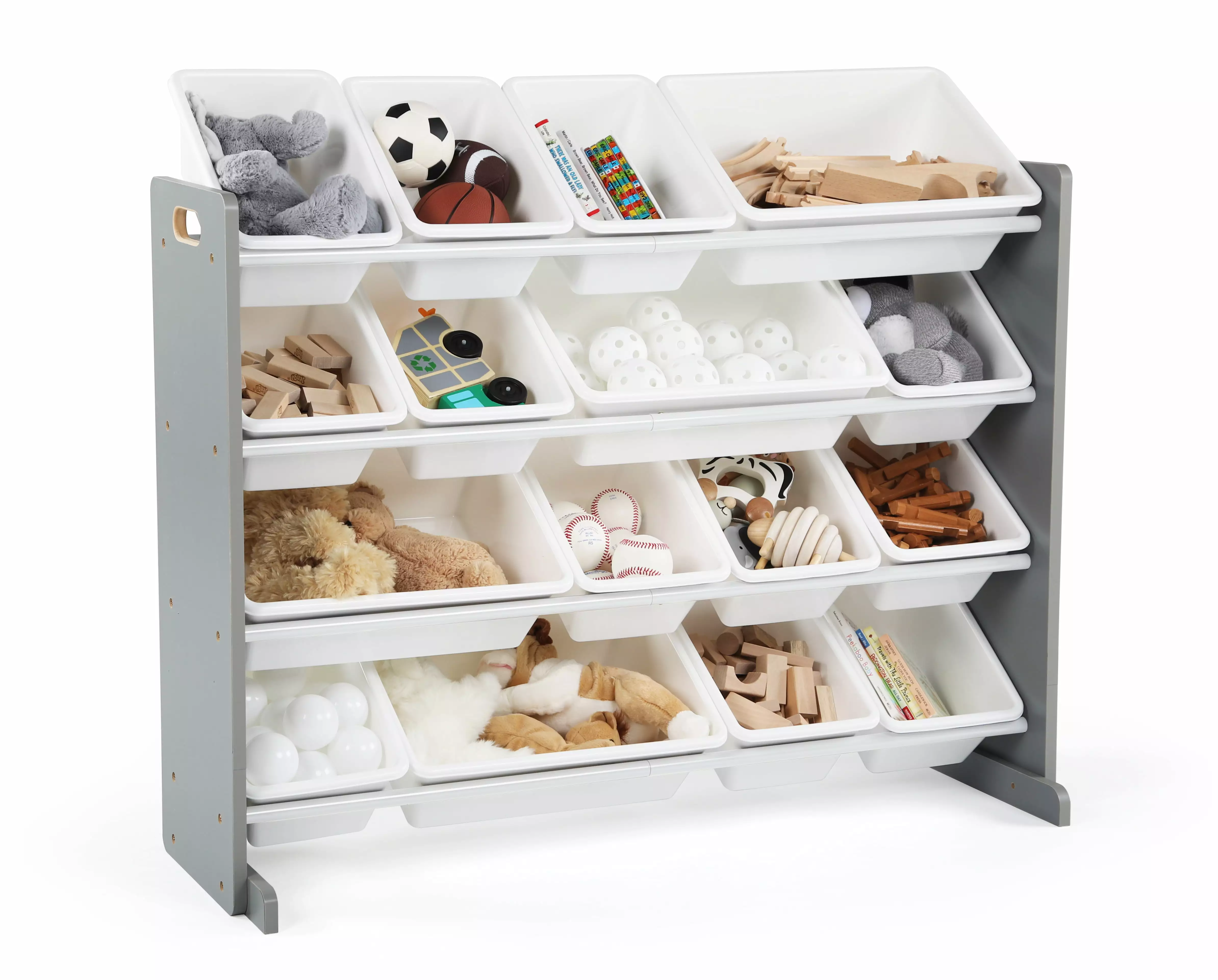 Humble Crew Children Wood and Plastic Organizer Rack with 16 Bins. Gray and White