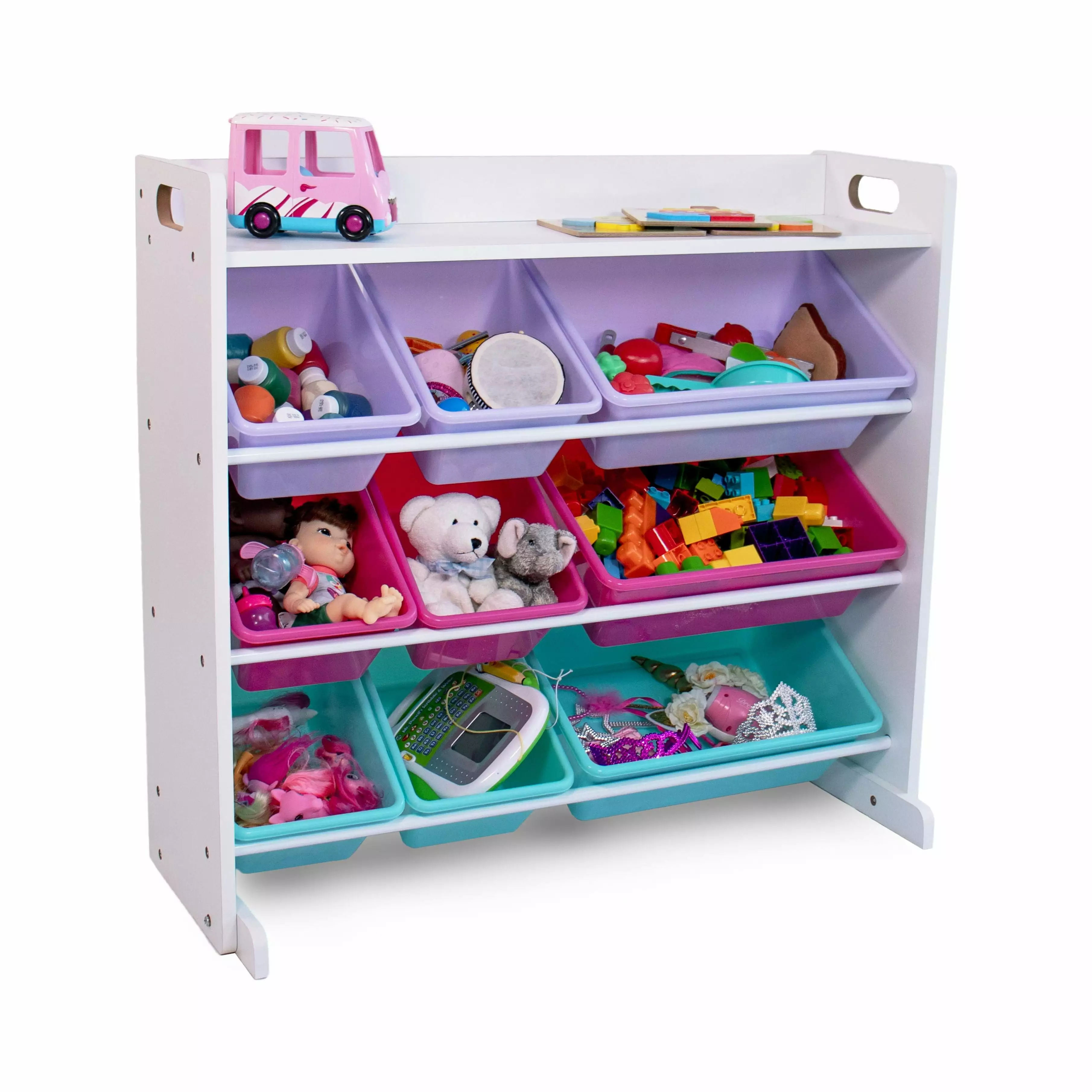 Humble Crew Forever Toy Storage Organizer with Shelf and 9 Storage Bins. White/Pink/Purple/Aqua