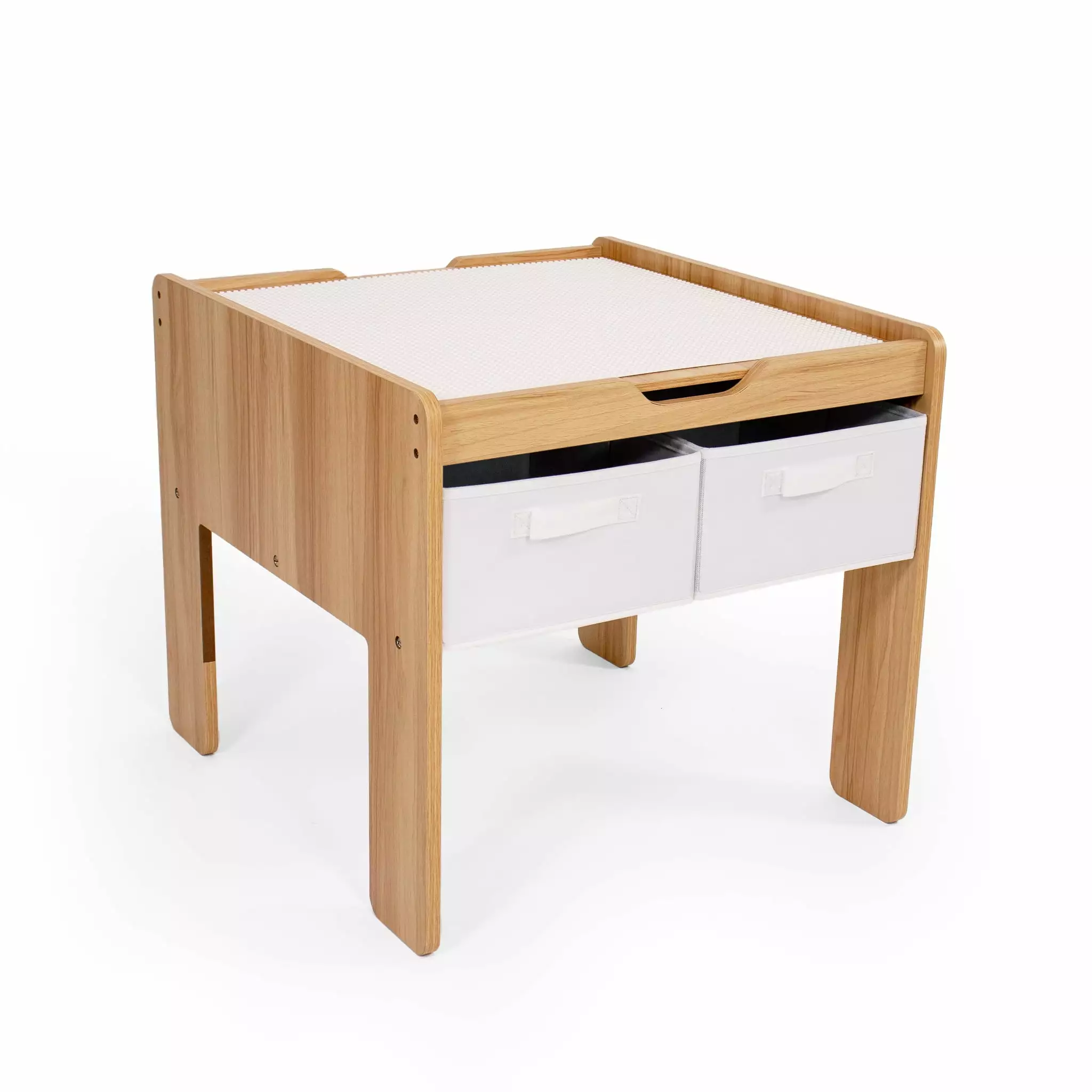 Humble Crew Journey Kids Wood Building Block-Compatible Table with 4 Bins. White/Natural Wood