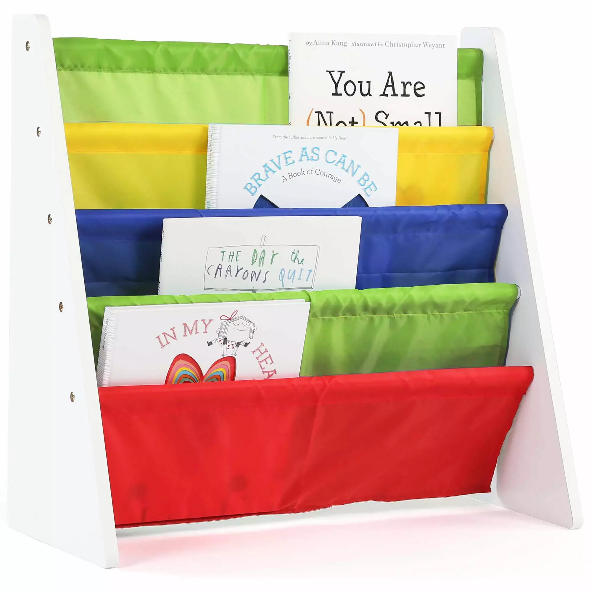 Humble Crew Kids Book Rack with Fabric Sling Sleeves. Primary/White