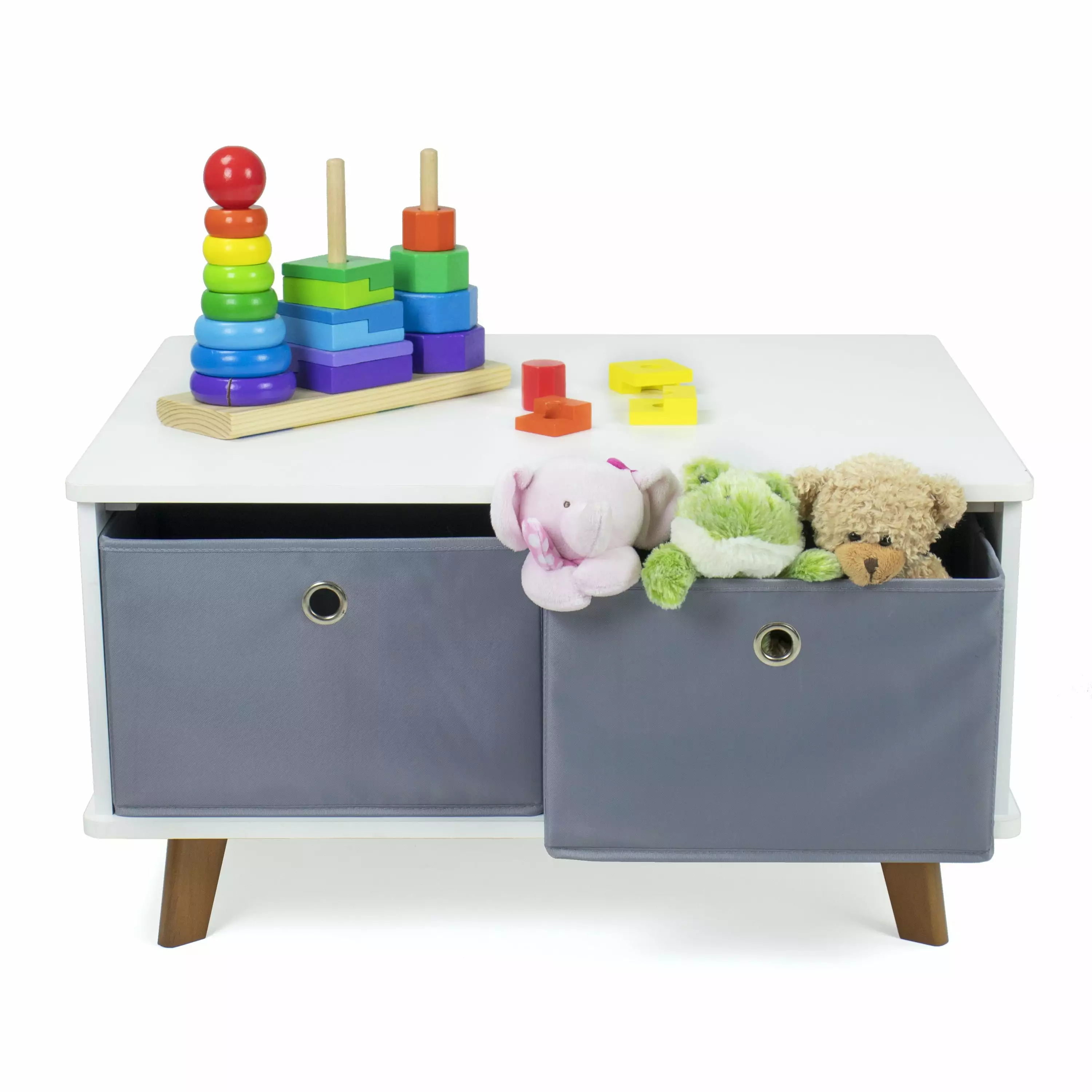 Humble Crew Mid-Century Wood Kids Table with Grey Fabric Bins