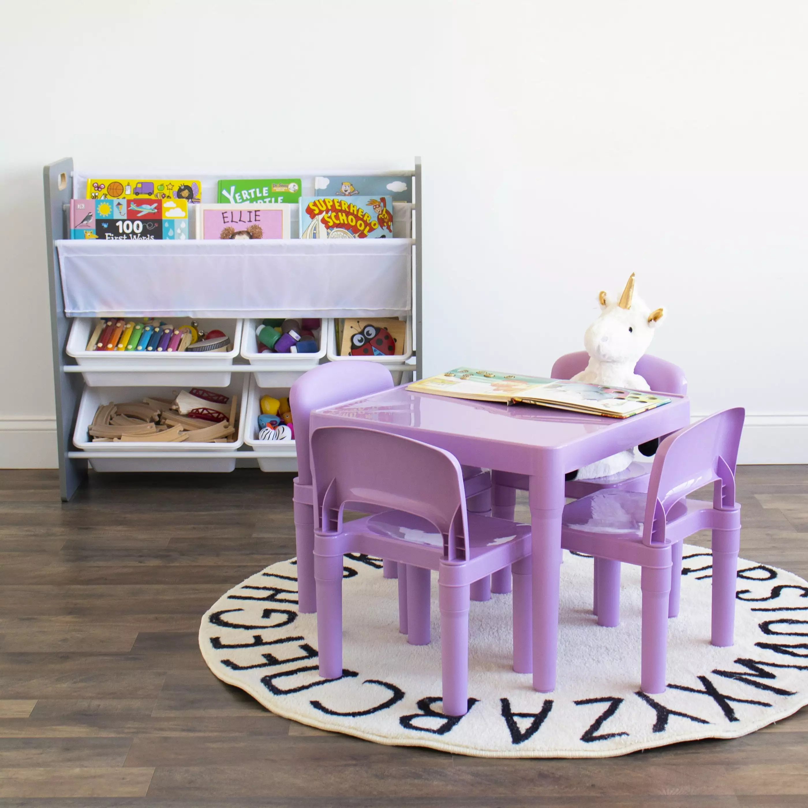 Humble Crew Quinn Kids Lightweight Plastic Table and 4 Chairs Set. Square. Purple