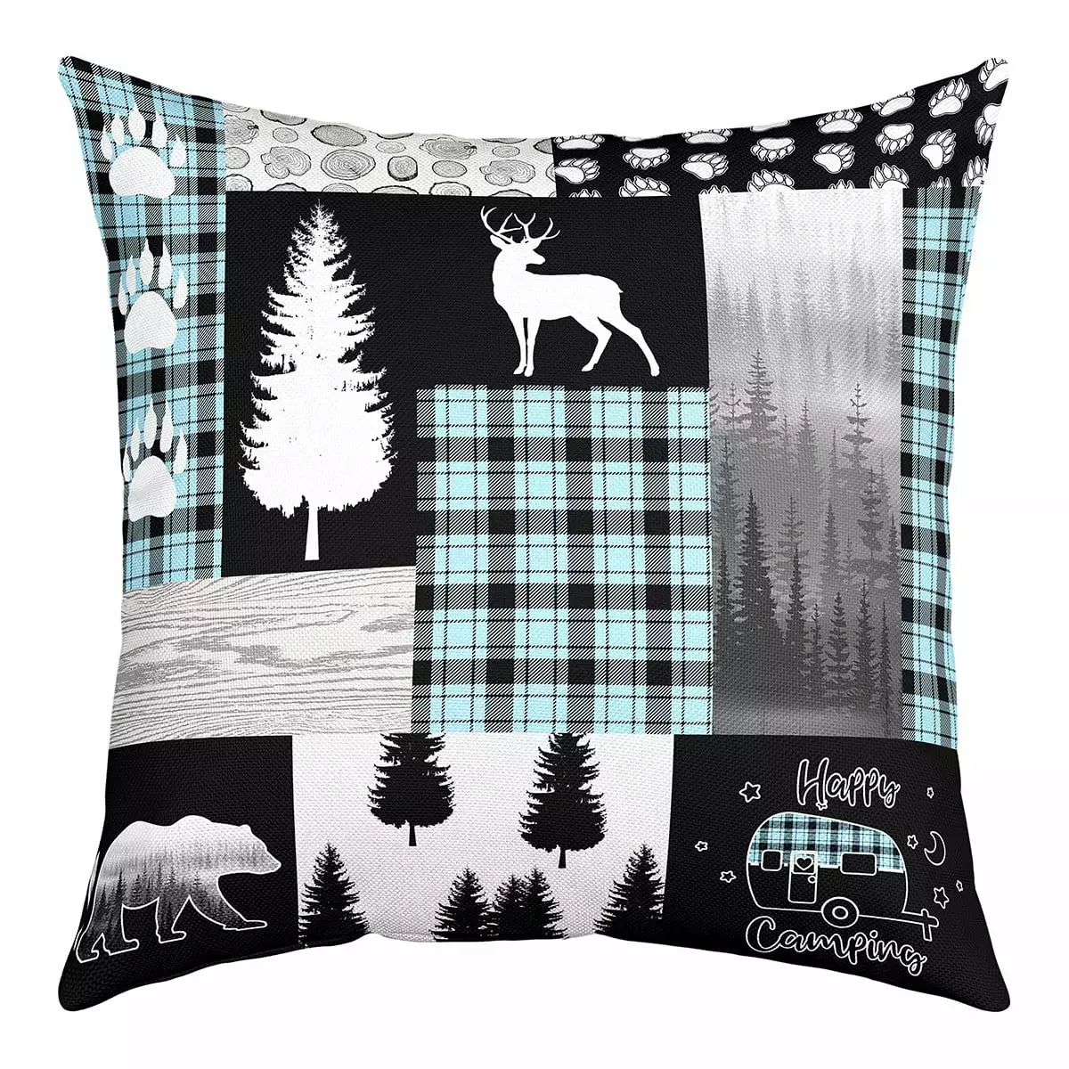 Hunting Bear Deer Pillow Cover.Blue Black Grey Buffalo Plaid Throw Pillow Cover.Rustic Farmhouse Woodland Wildlife Cushion Case.Camper Decorative Pillow Cover for Sofa Bed.18x18 Inch