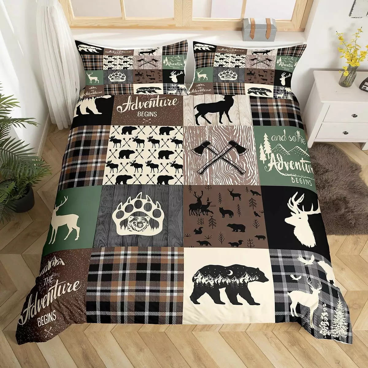 Hunting Deer Bear Duvet Cover. Rustic Farmhouse Bedding Set Cabin Decor. Vintage Buffalo Plaid Patchwork Comforter Cover Country Forest Wild Animal Bed Cover Twin For Kids Boys Teens Adult. Brown