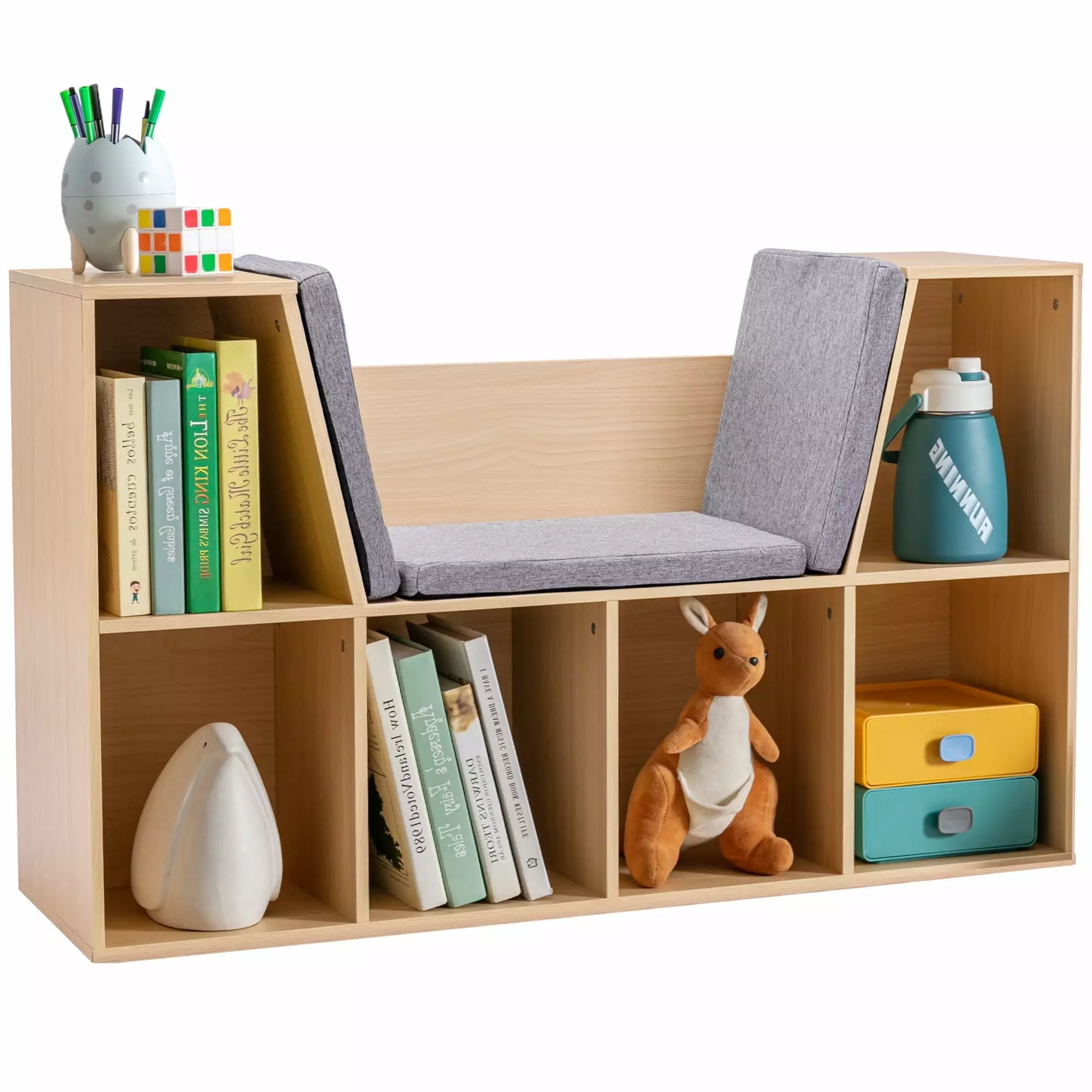 Huracan 6-Cubby Kids Bookcase with Reading Nook and Cushion. Multi-Purpose Storage Organizer for Bedroom. Living Room. Natural