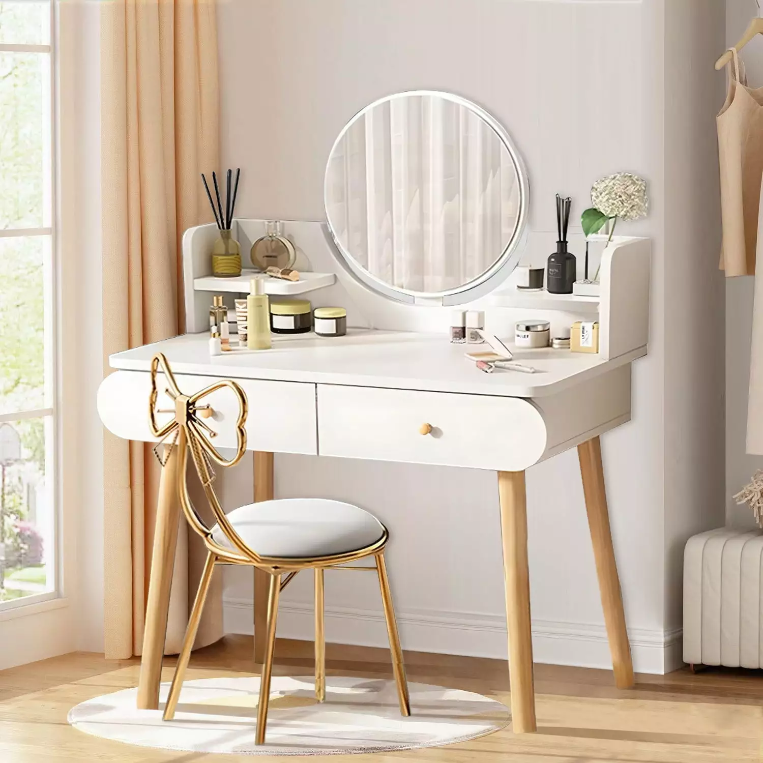 Hurber Vanity Table Set with Mirror. Modern Makeup Vanity Dressing Desk with 2 Drawers & 2 Shelves .White (Without Stool)