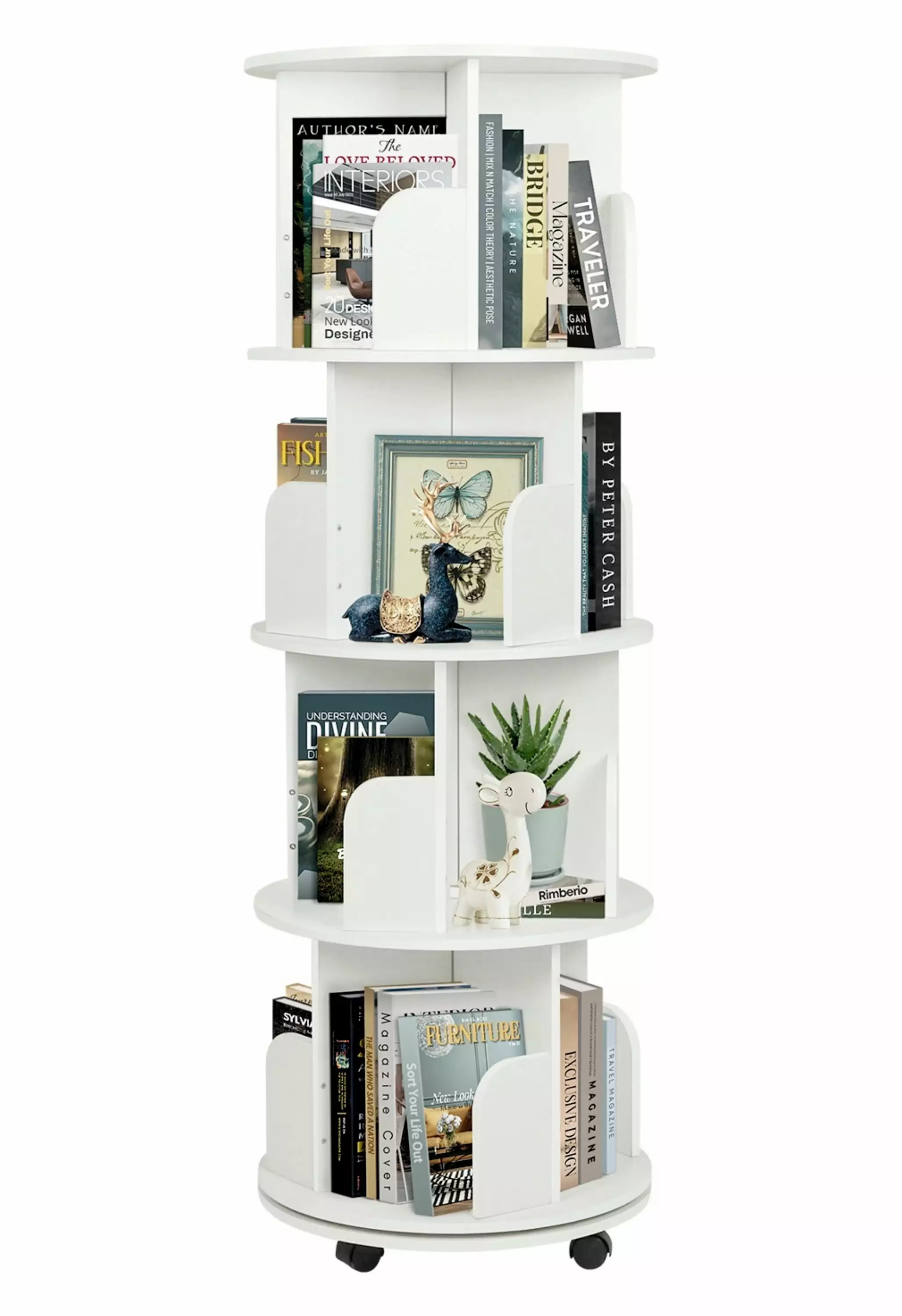 IAJXWI Rotating Bookshelf. Corner Bookshelf Tower with Wheels. 360?? Spinning 4 Tier Floor Standing Bookcase Display Rack. White