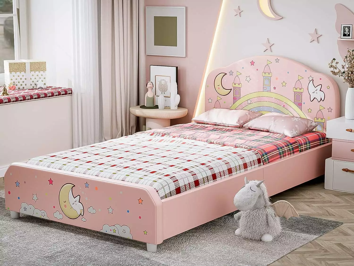 IKIFLY Twin Size Kids Bed. Children Upholstered Twin Platform Bed Frame with Curved Headboard. Pink Princess Toddler Bed for Girls. Teens. No Box Spring Needed - Dreamhouse Design