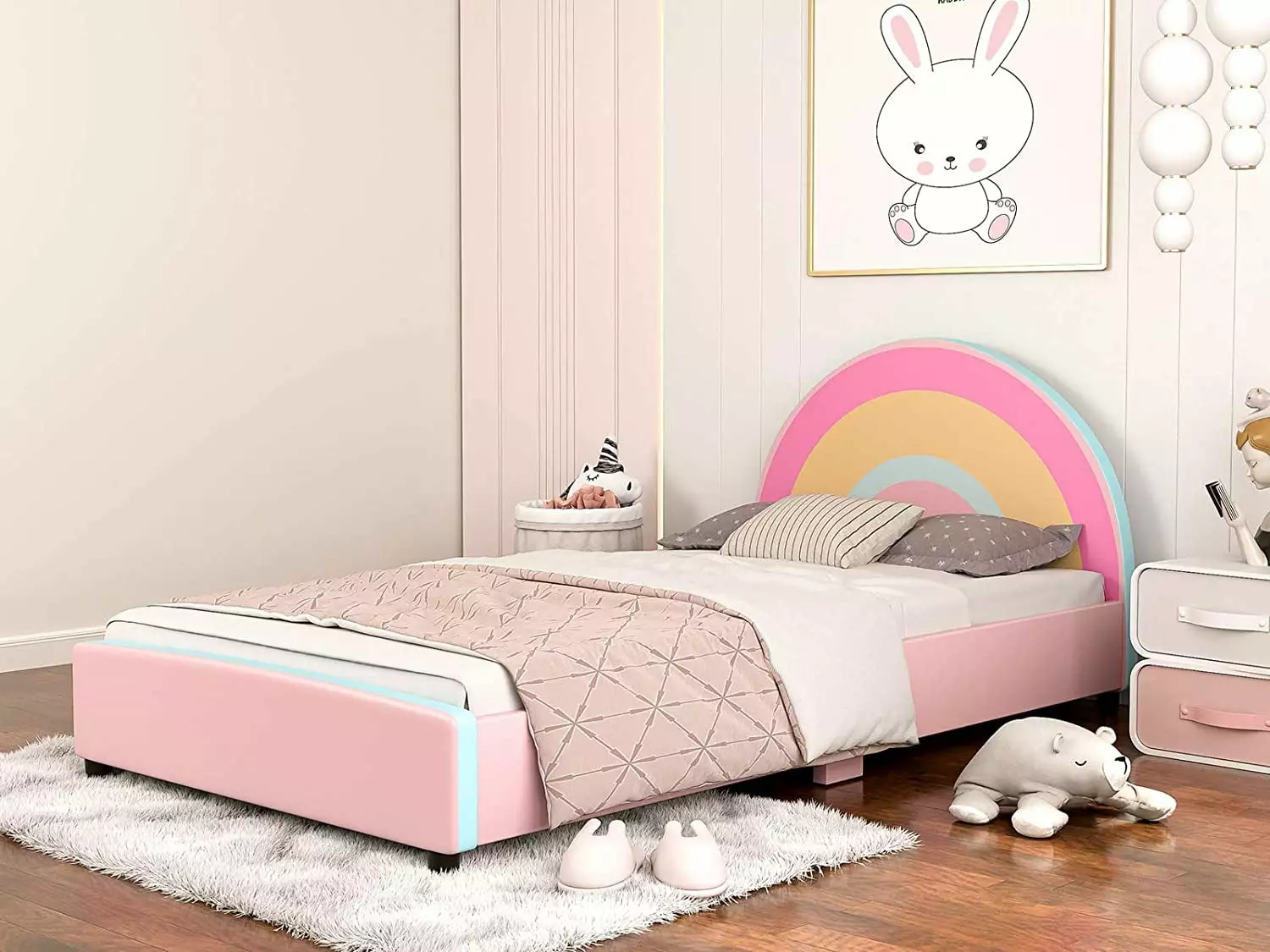 IKIFLY Twin Size Kids Bed. Children Upholstered Twin Platform Bed Frame with Curved Headboard. Pink Toddler Bed for Boys & Girls. Teens. No Box Spring Needed - Rainbow Design