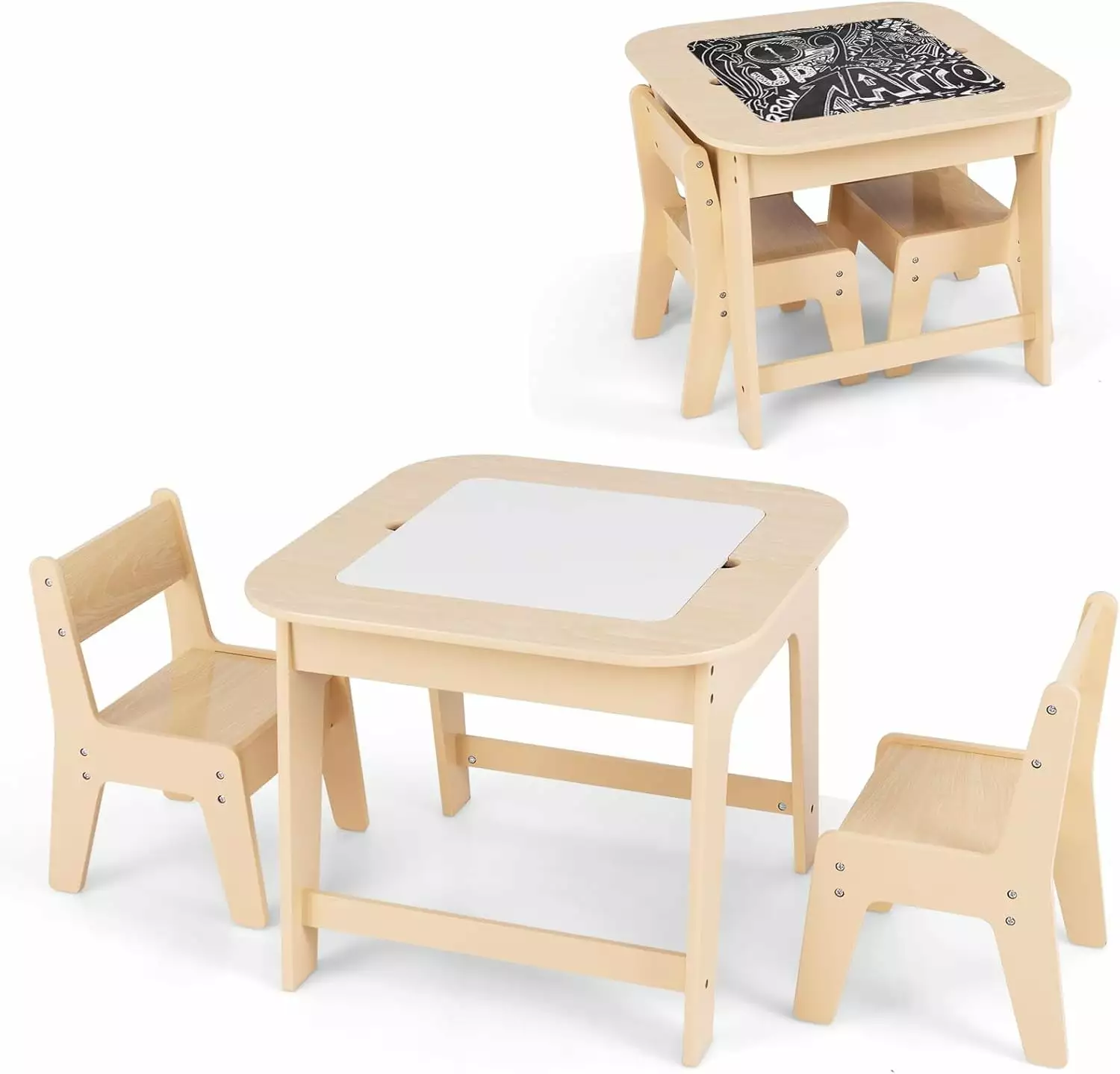 INFANS Kids Table and Chair Set. 3 in 1 Wooden Activity Table with Removable Tabletop. Blackboard and Whiteboard for Toddlers Arts Crafts Drawing Reading Playing. Playroom Nursery (Natural)