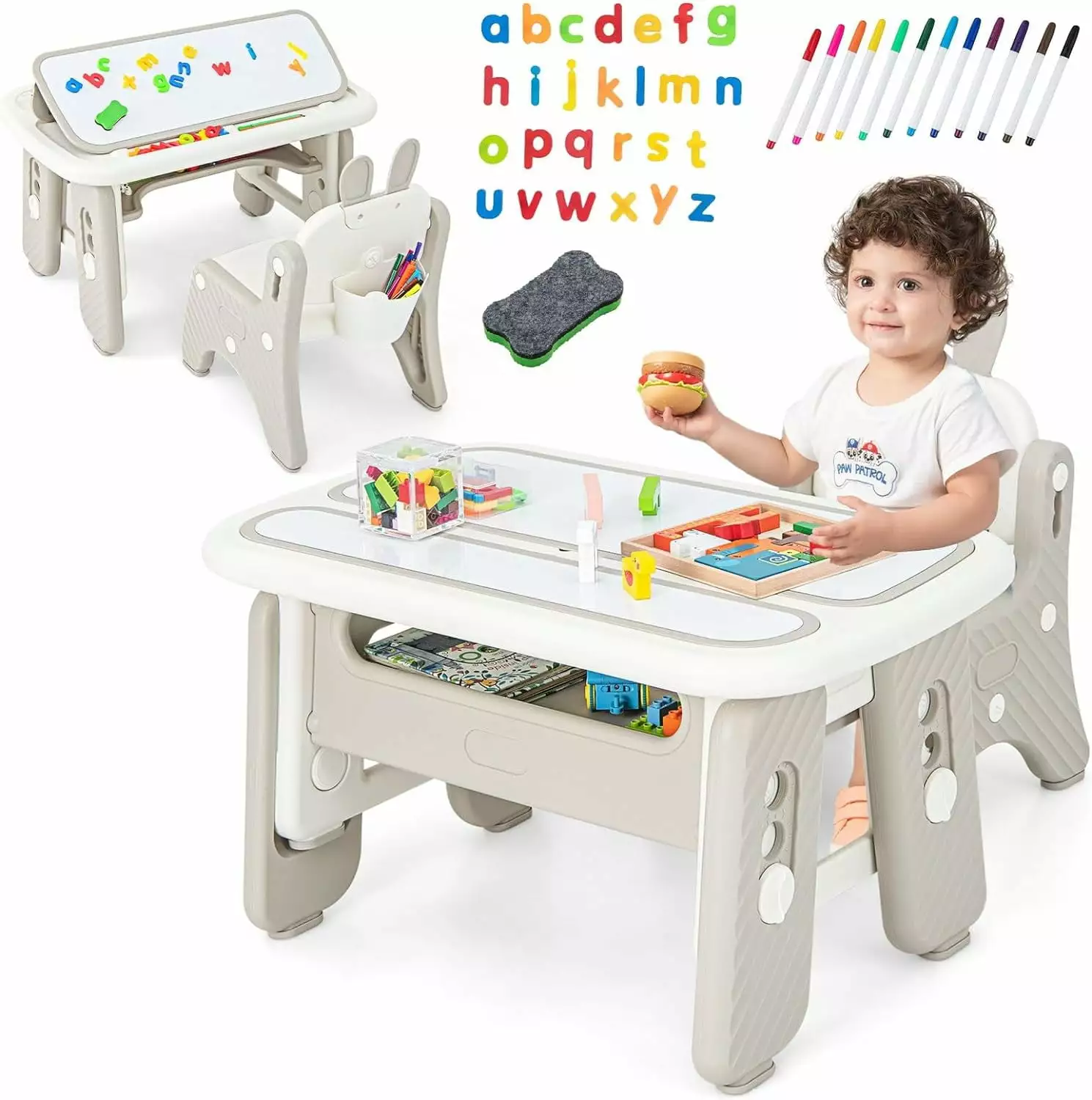 OLAKIDS Kids Table and Chair Set. Activity Table with Magnetic Drawing Board 4 Gears Adjustable Height Bookshelf Watercolor Pens. Toddler Plastic Furniture Table for Playing Reading Eating