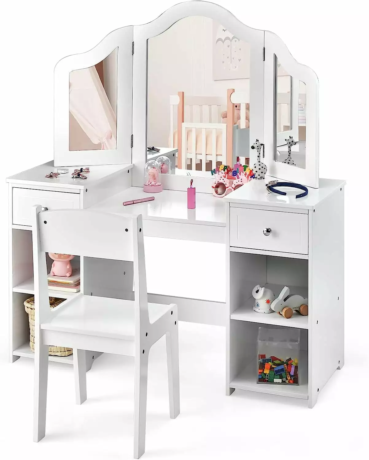 INFANS Kids Vanity. 2 in 1 Princess Makeup Desk & Chair Set with Tri-Folding Detachable Mirror. Large Storage Shelves. Wooden Dressing Table. Pretend Play Vanity Set for Girls (White Upgrade)