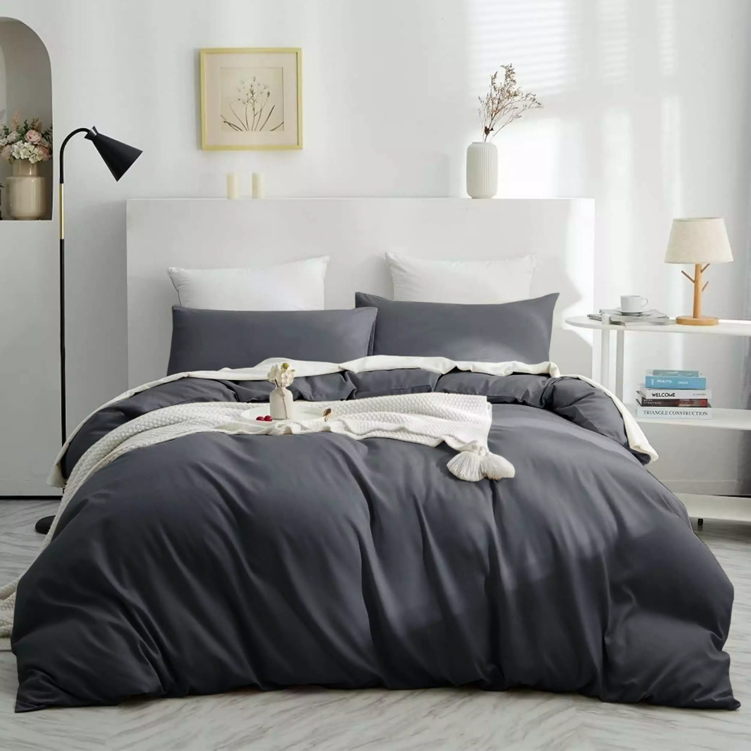 IR Imperial Rooms 3 PC Duvet Cover Set Plain Microfiber Button Closer Adult Charcoal Color Queen