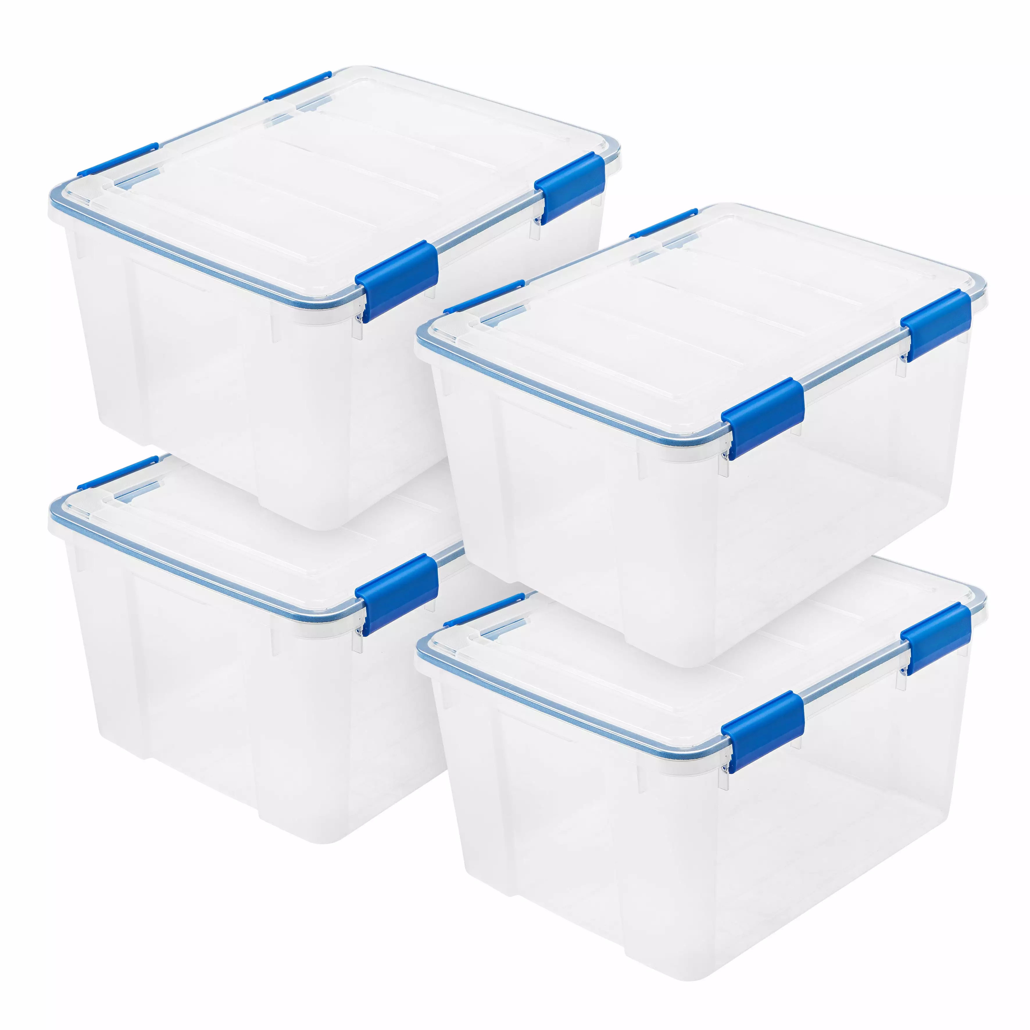 IRIS 44 Quart WeatherPro Storage Box. Clear with Blue Buckles. Set of 4