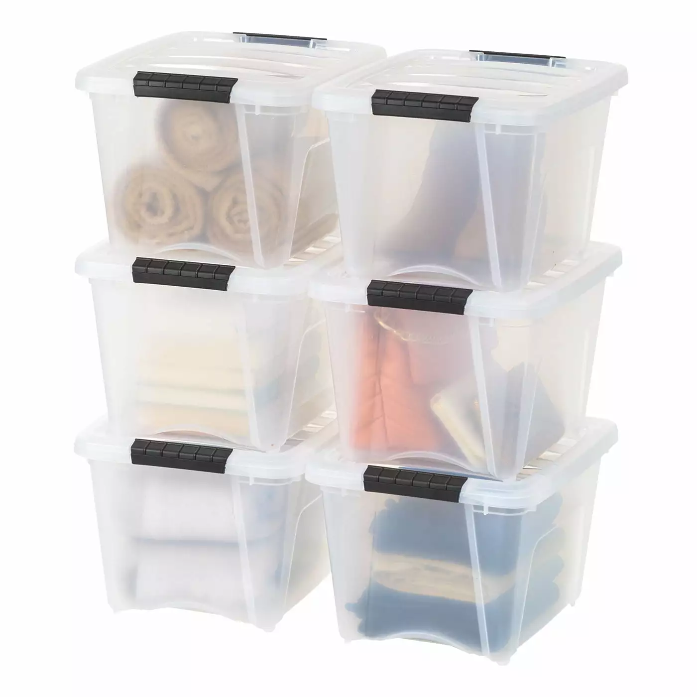 IRIS USA 19 Qt Stackable Plastic Storage Bins with Lids. 6 Pack - BPA-Free. Made in USA - See-Through Organizing Solution. Latches. Durable Nestable Containers. Secure Pull Handle - Clear