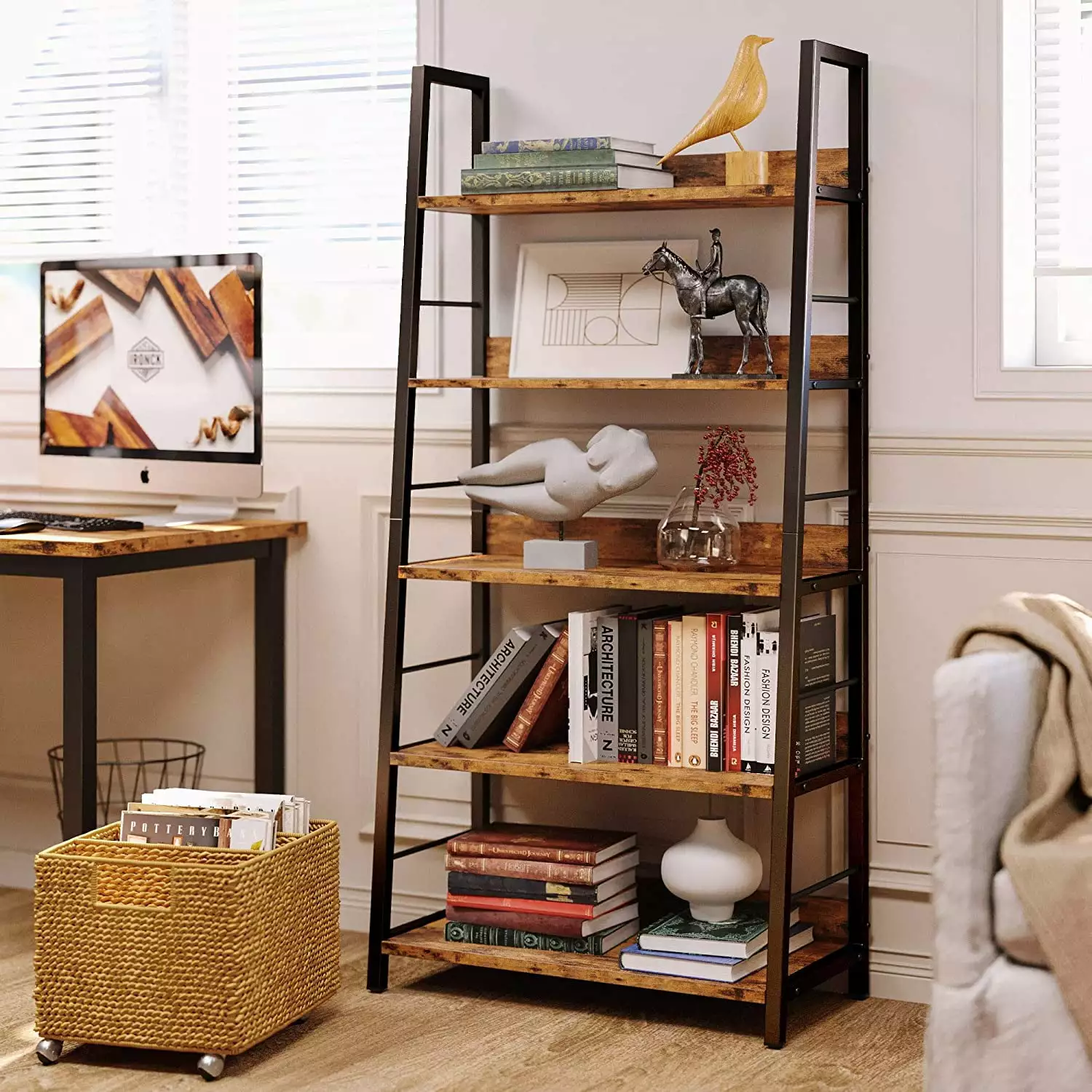 IRONCK Bookshelves and Bookcases 5 Tiers Ladder Shelf Home Office. Rustic Brown