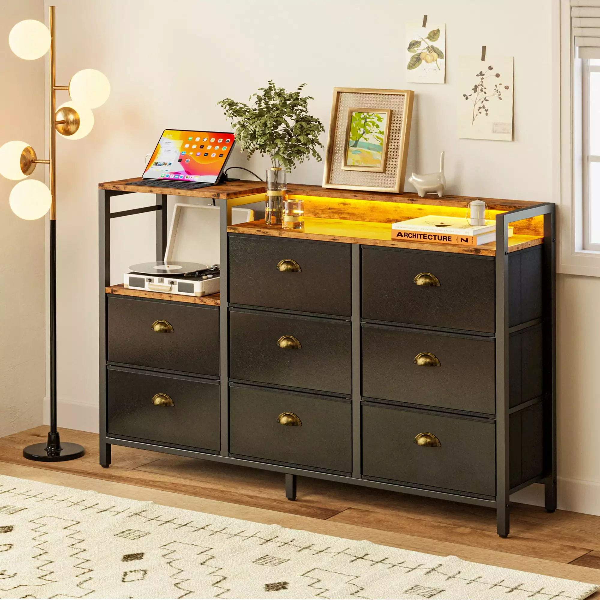 IRONCK Dresser with 8 Fabric Drawer. LED Lights and Power Outlets. All Age. Steel Frame Structure. Vintage Brown Black