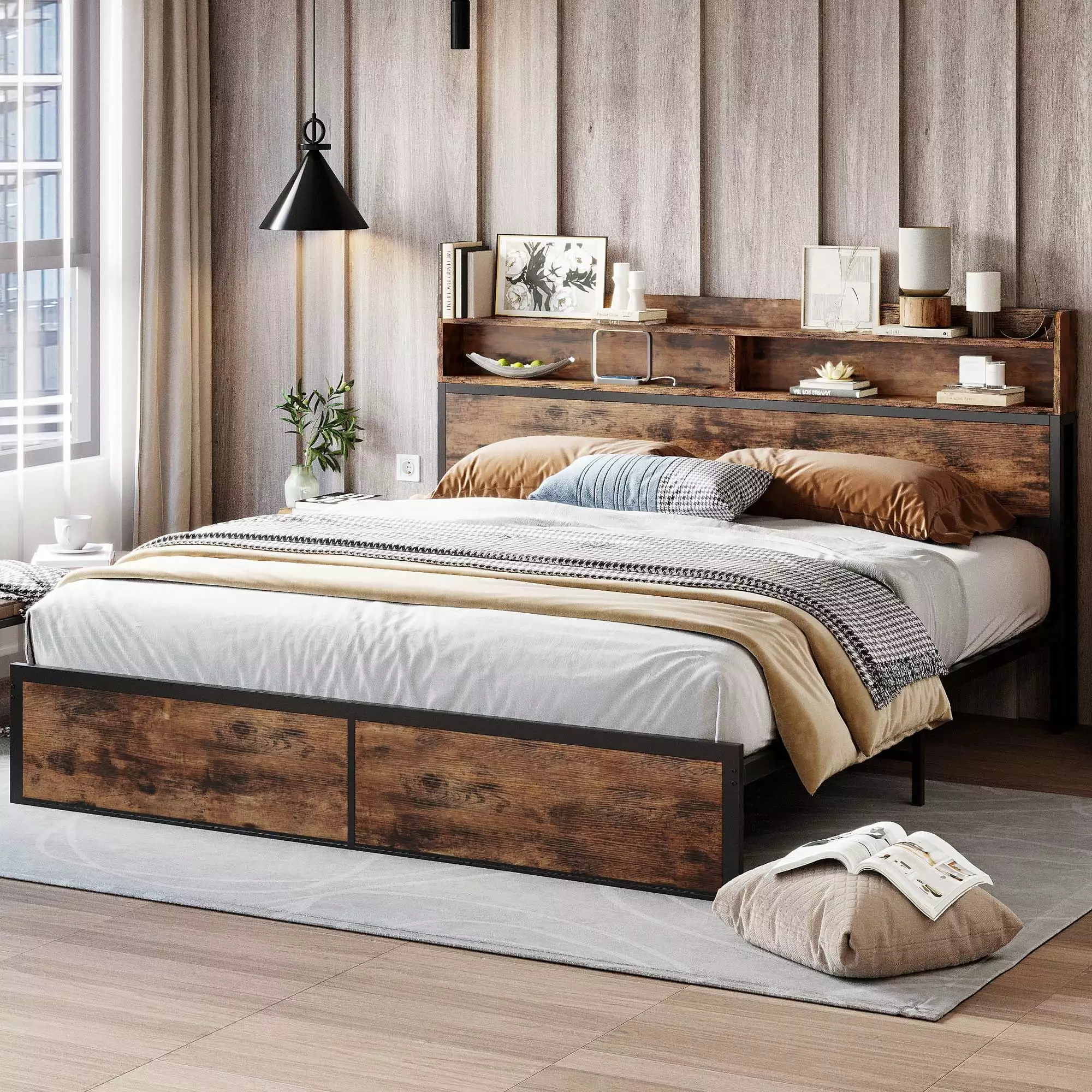 IRONCK King Size Bed Frame. Bookcase Headboard with Charging Station. Platform Storage Bed