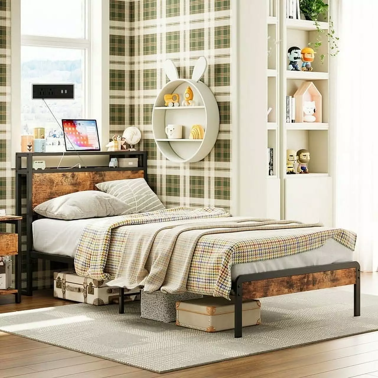 IRONCK Twin Bed Frames with Storage Headboard and Charging Station. Easy Assembly. Vintage Brown