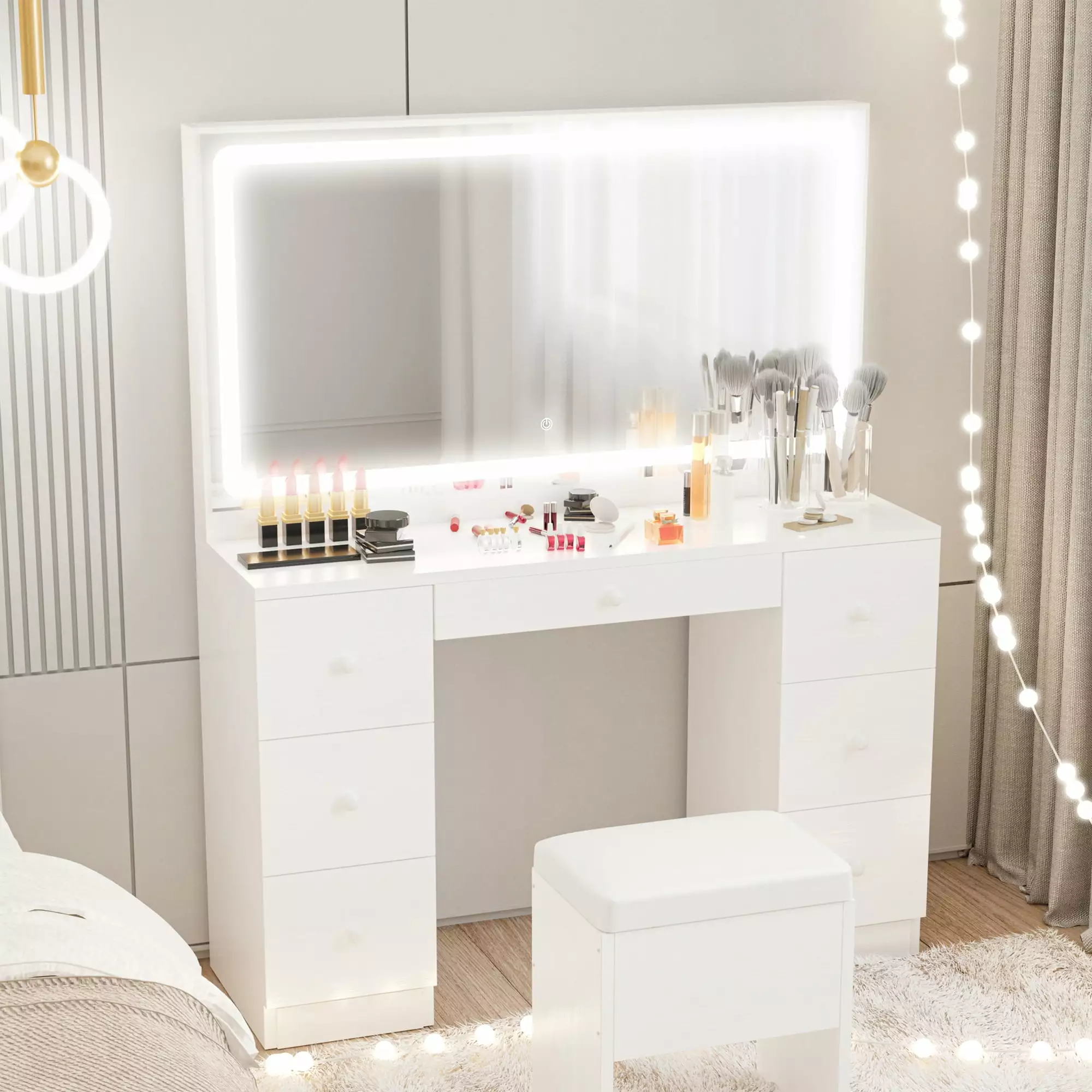 IRONCK Vanity Desk Set with LED Lighted Mirror & Power Outlet. 7 Drawers Makeup Vanities Dressing Table with Stool. for Bedroom. White