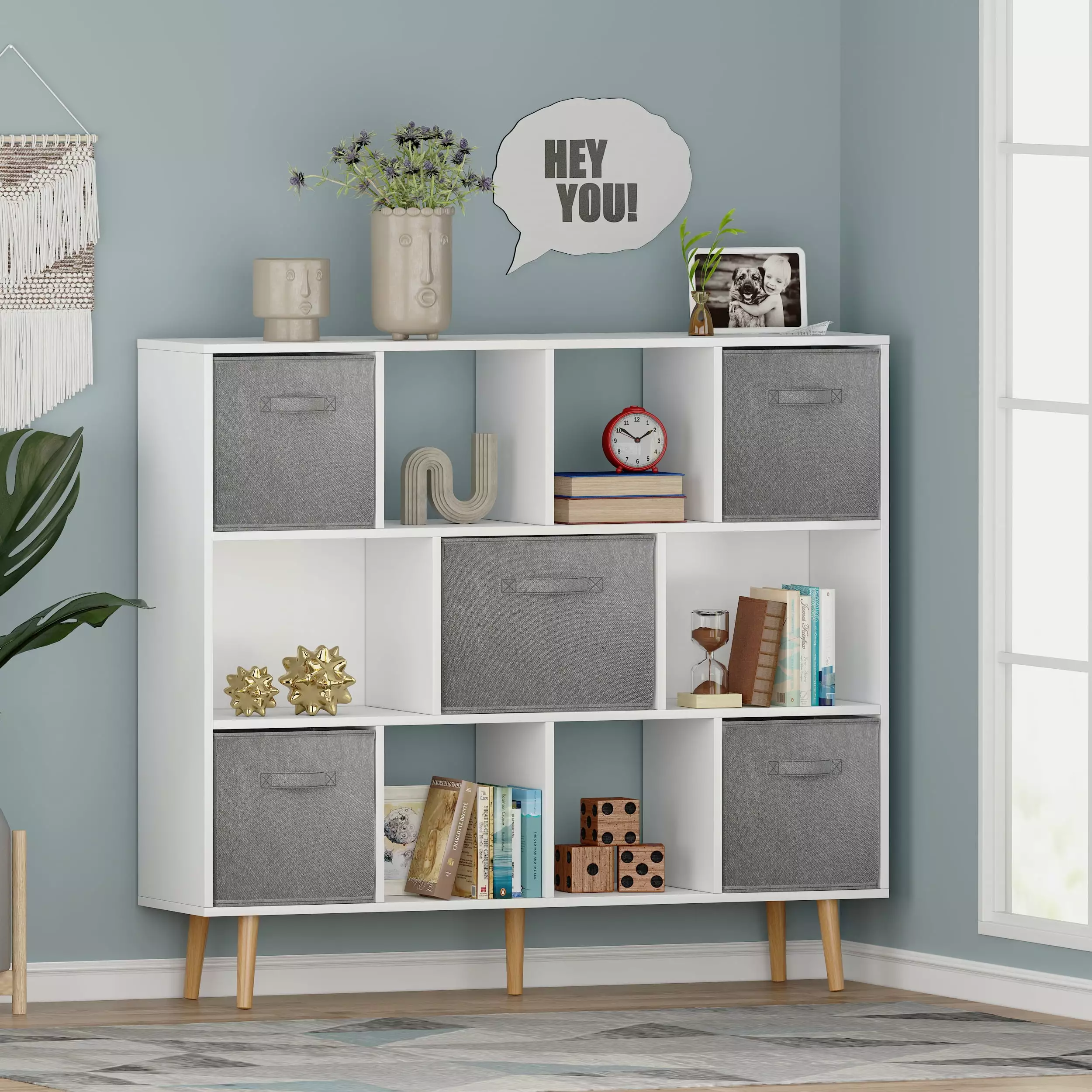 IVV White Bookshelf 3 Tier Wood Bookcase with 5 Fabric Drawers. 47.24 Wide Display Standing Shelf Unit for Living Room.Bedroom.Office.Kitchen.Balcony