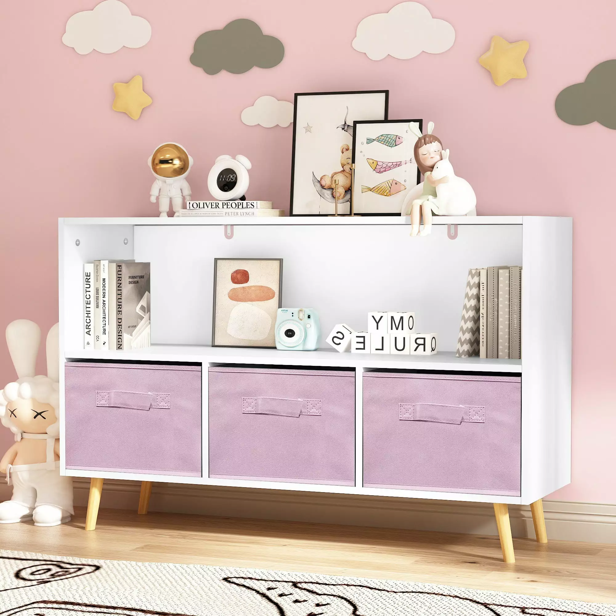 IbayNawi Kids Bookcase with Collapsible Fabric Drawers. Toy Storage Cabinet Organizer.White+Pink