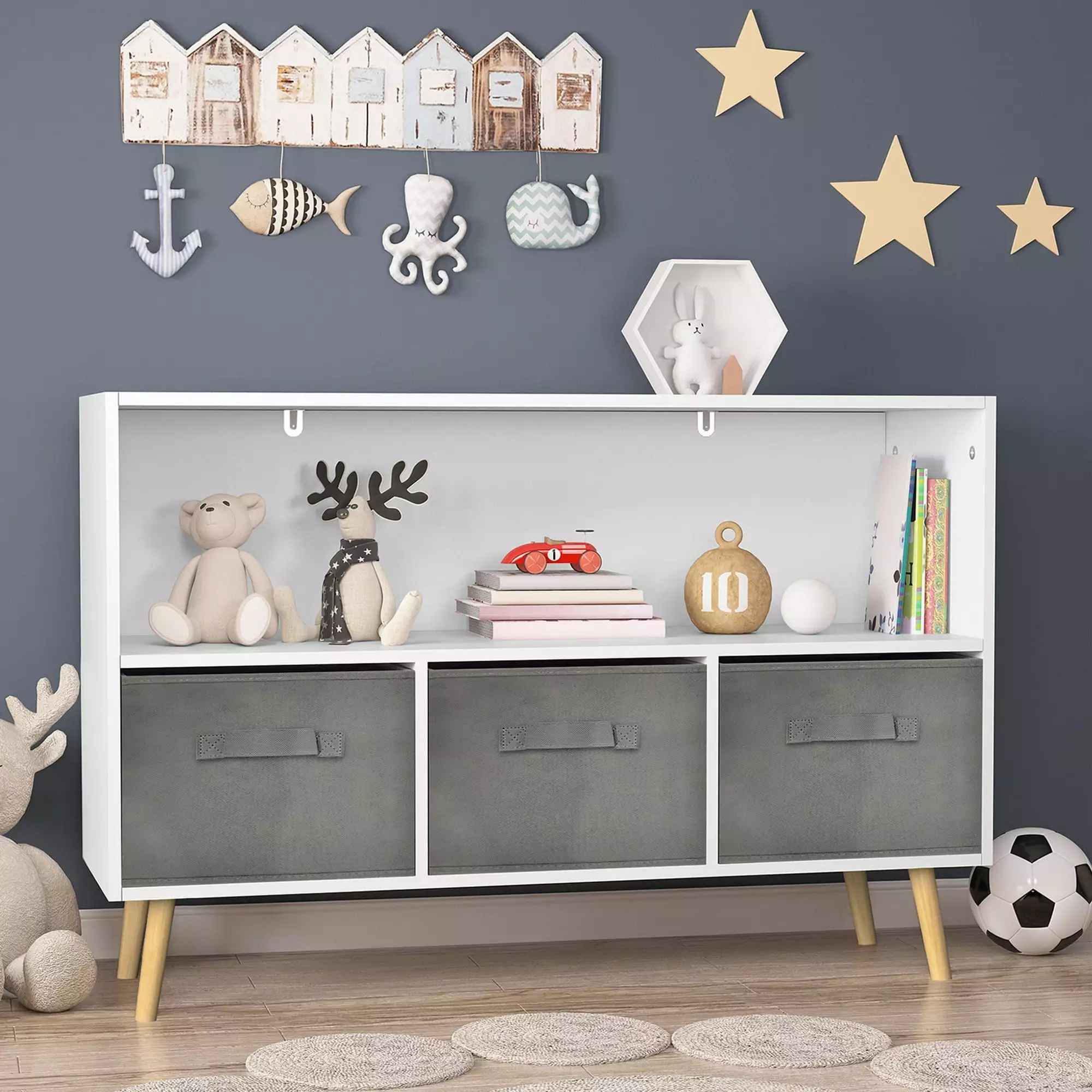 IbayNawi Kids Bookcase with Collapsible Fabric Drawers. Toy Storage Cabinet Organizer.White+Gray