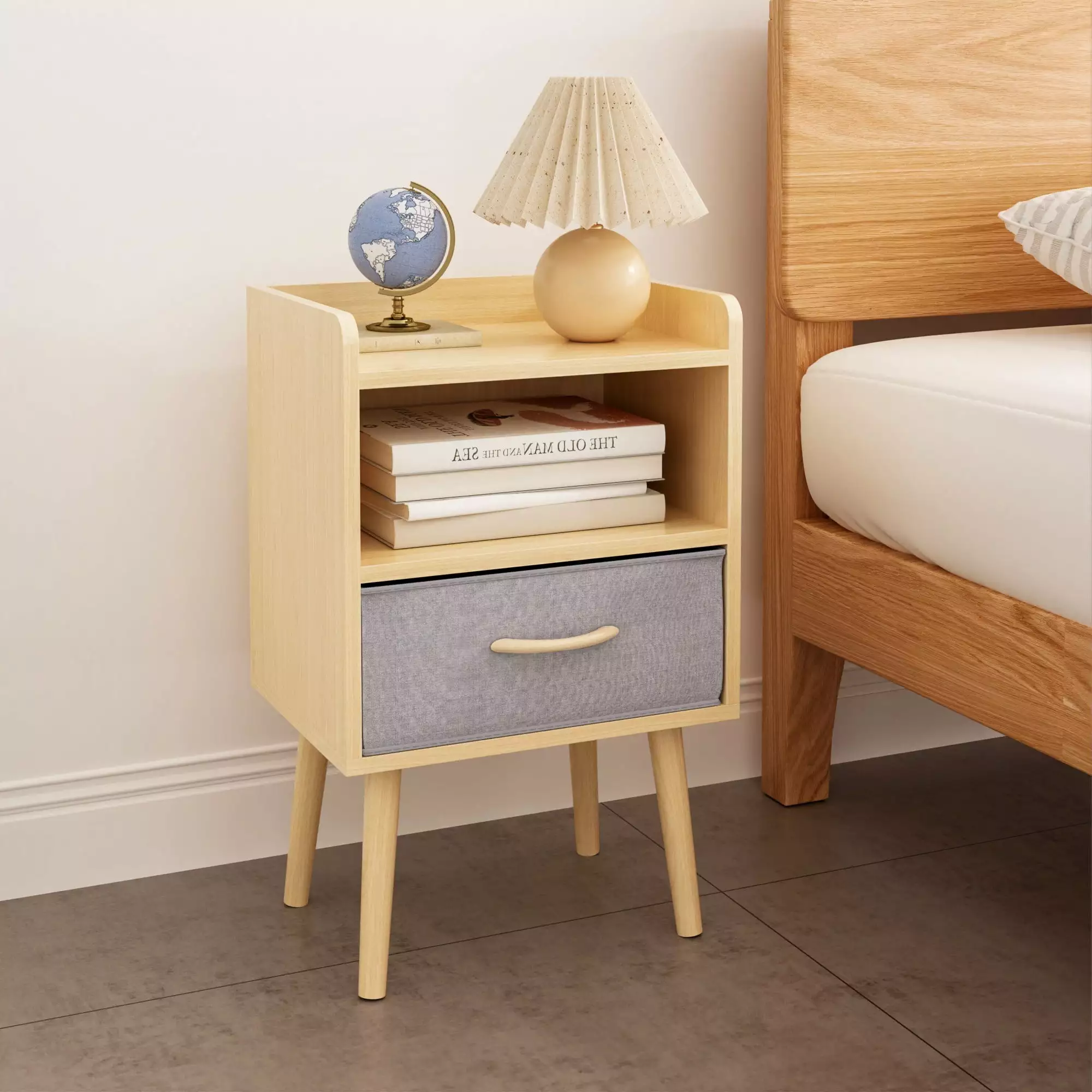 IbayNawi Nightstand With 2-Tier Storage Cabinet. Wood Side Table with Collapsible Fabric Drawer. for Bedroom. Living Room.Oak