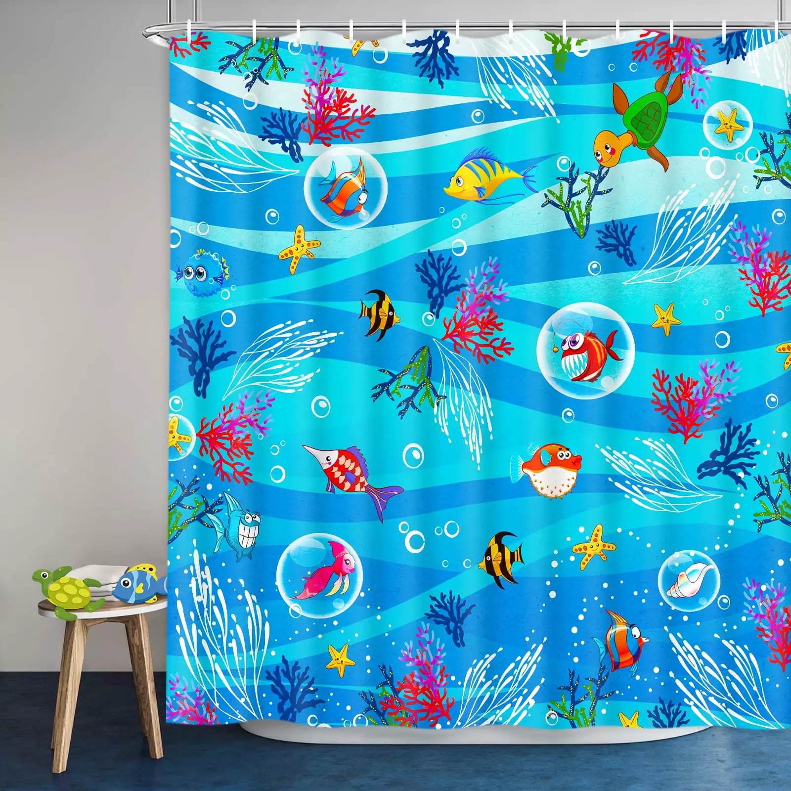 Ikfashoni Kid's Shower Curtain. 13pc Ocean Waterproof Fabric Bathroom Curtains. 70X69