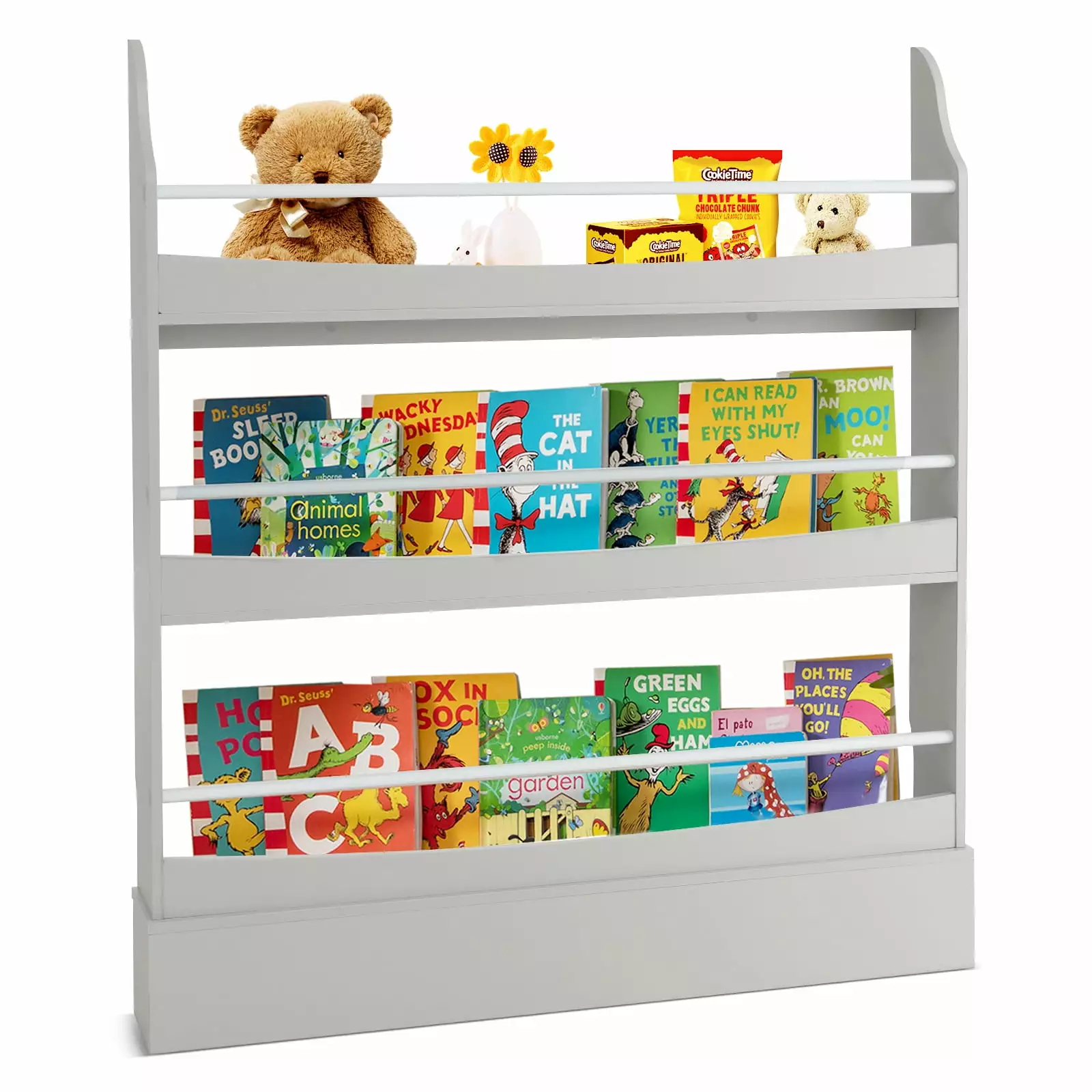 Infans 3-Tier Kids Bookshelf Toy Storage Bookcase Rack Wall w/ Anti-toppling Kits Grey