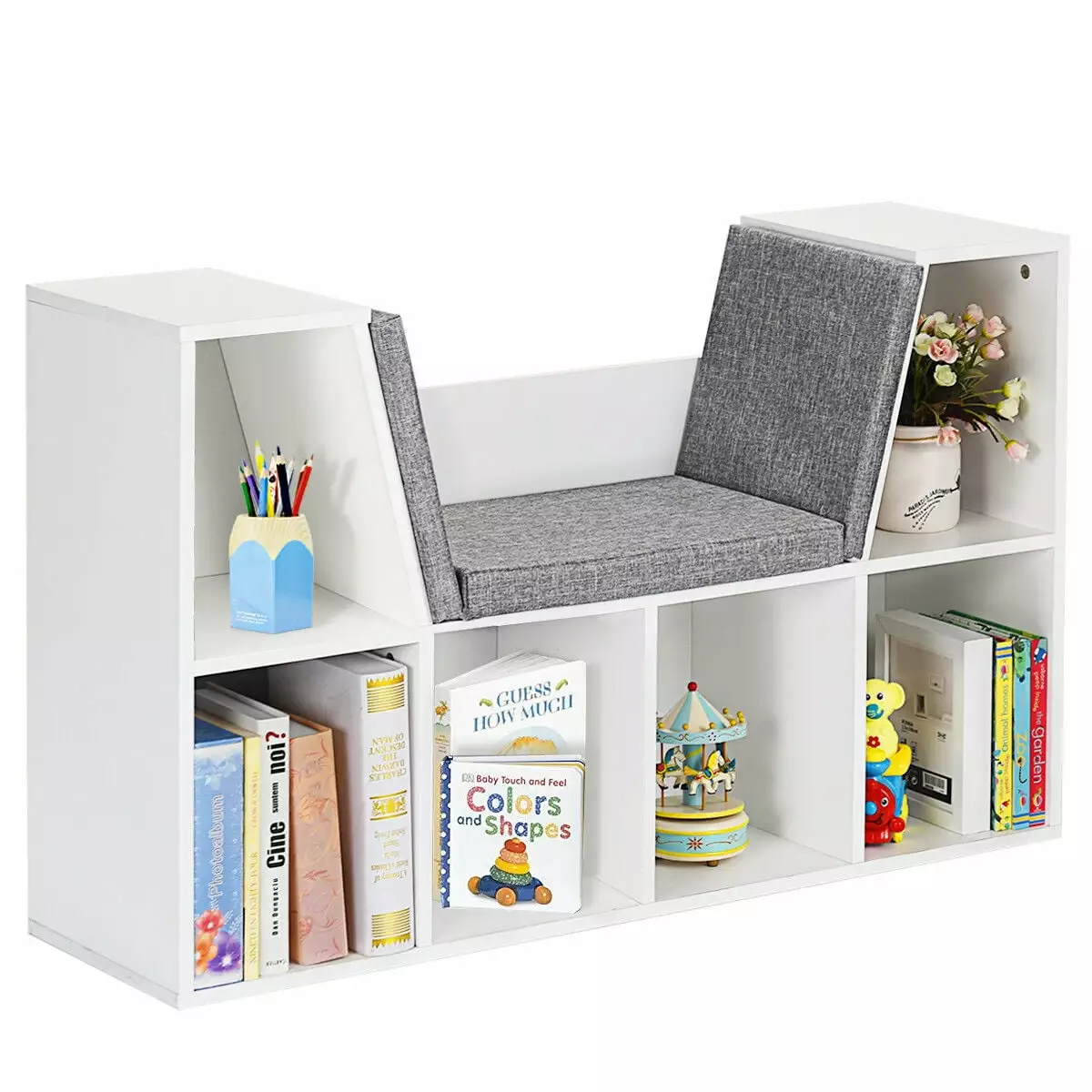 Infans 6 Cubby Kid Storage Cabinet Bookcase Multi-Purpose Shelf Cushioned Reading Nook