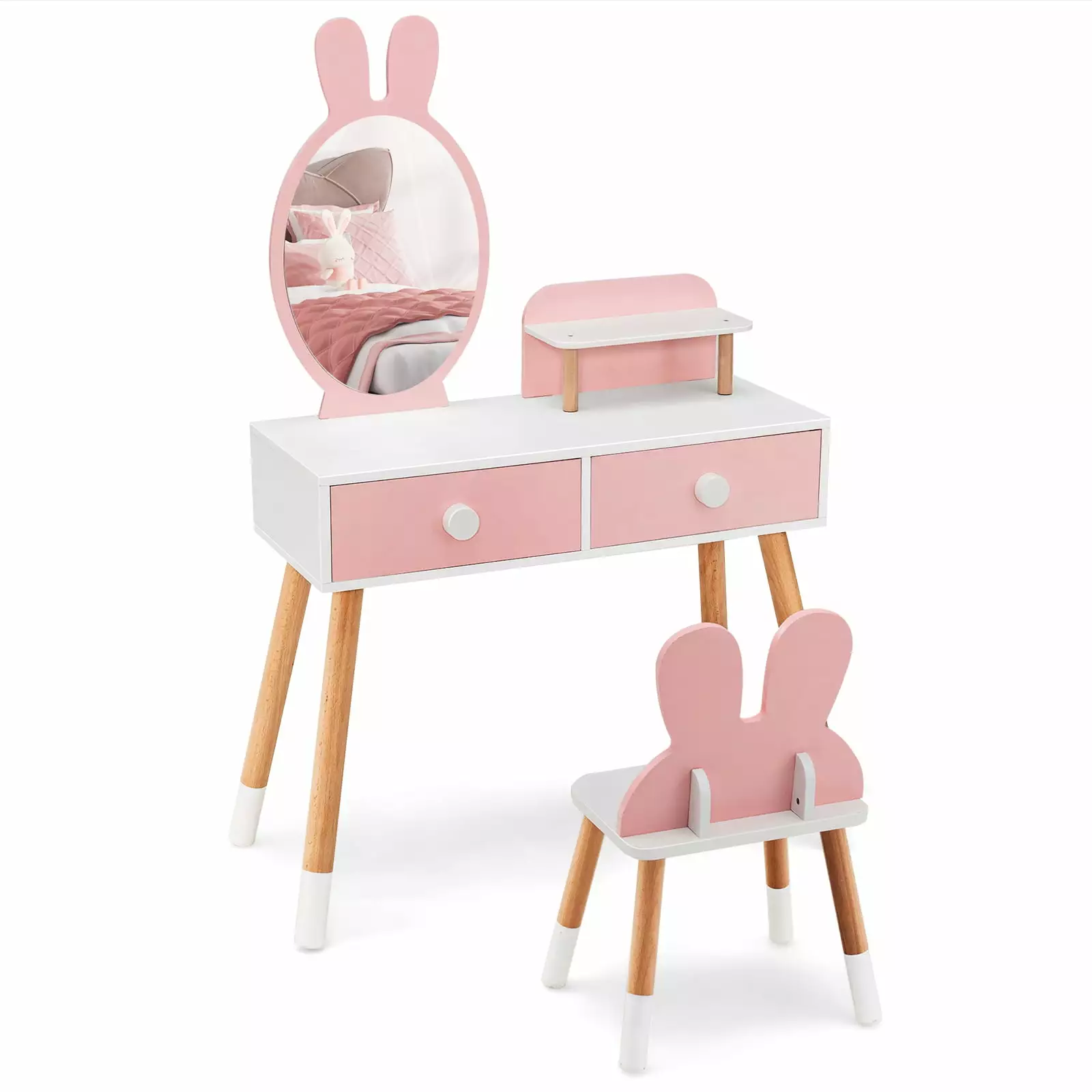 Infans Kid Vanity Set Makeup Table Stool with Drawer Shelf Wood Leg Rabbit Mirror Pink