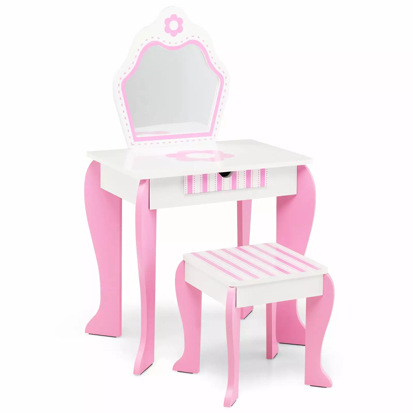 Infans Kid Vanity Set Wooden Makeup Table Stool w/ Mirror Flower Print Pink & White