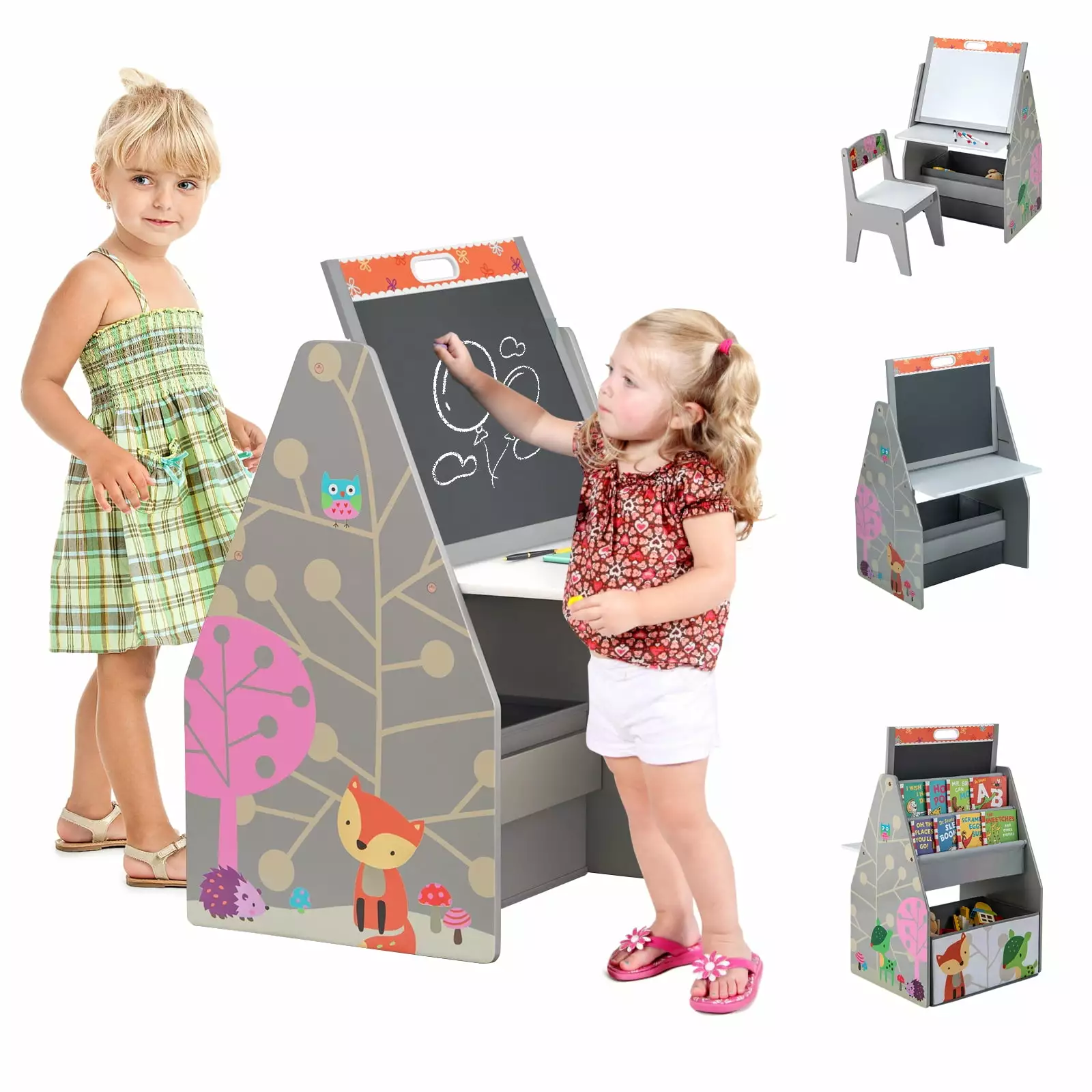 Infans Kids Table & Chair Set w/Rotatable Double-sided Magnetic Blackboard & Whiteboard