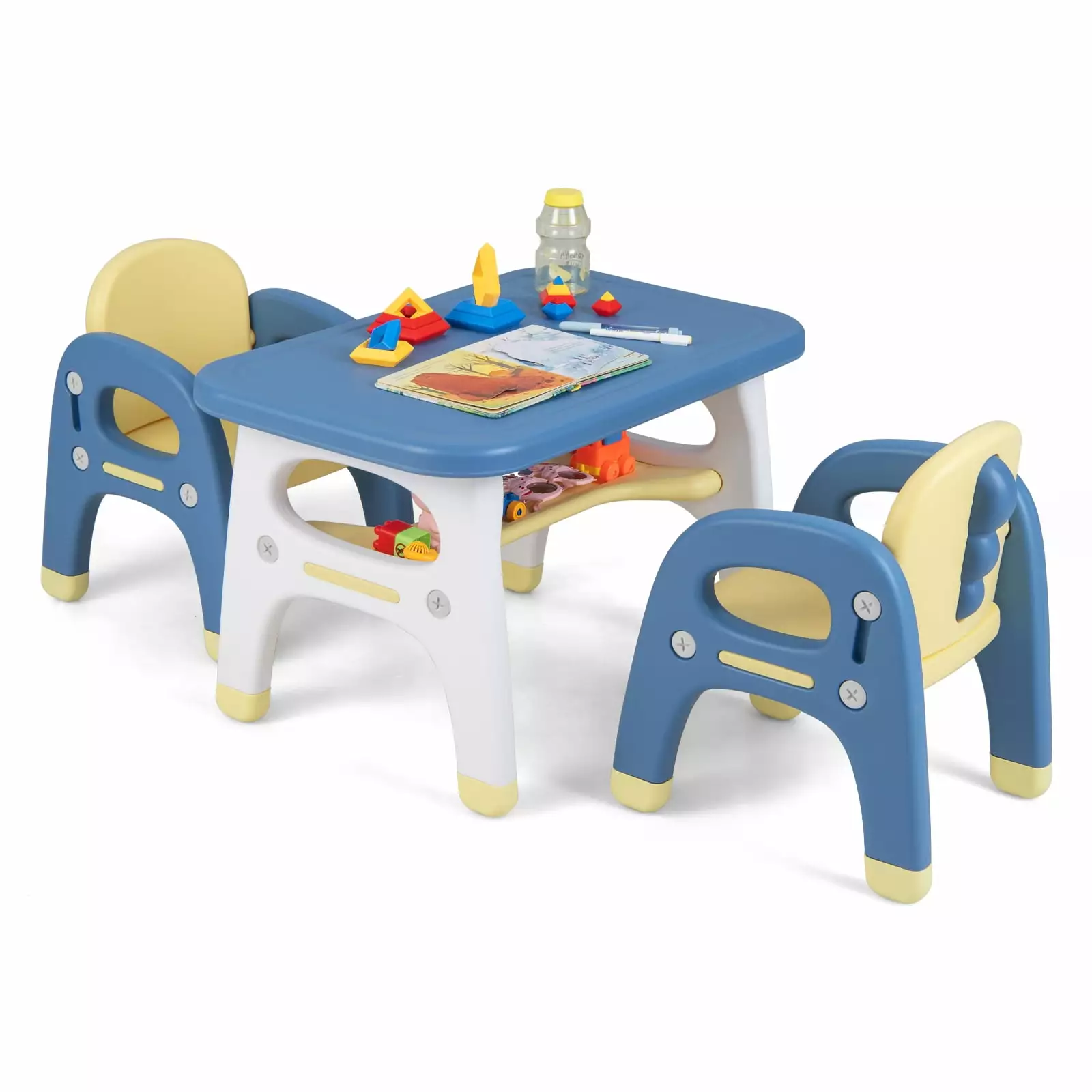 Infans Kids Table and 2 Chairs Set Activity Art Desk w/ Storage Shelf & Building Blocks