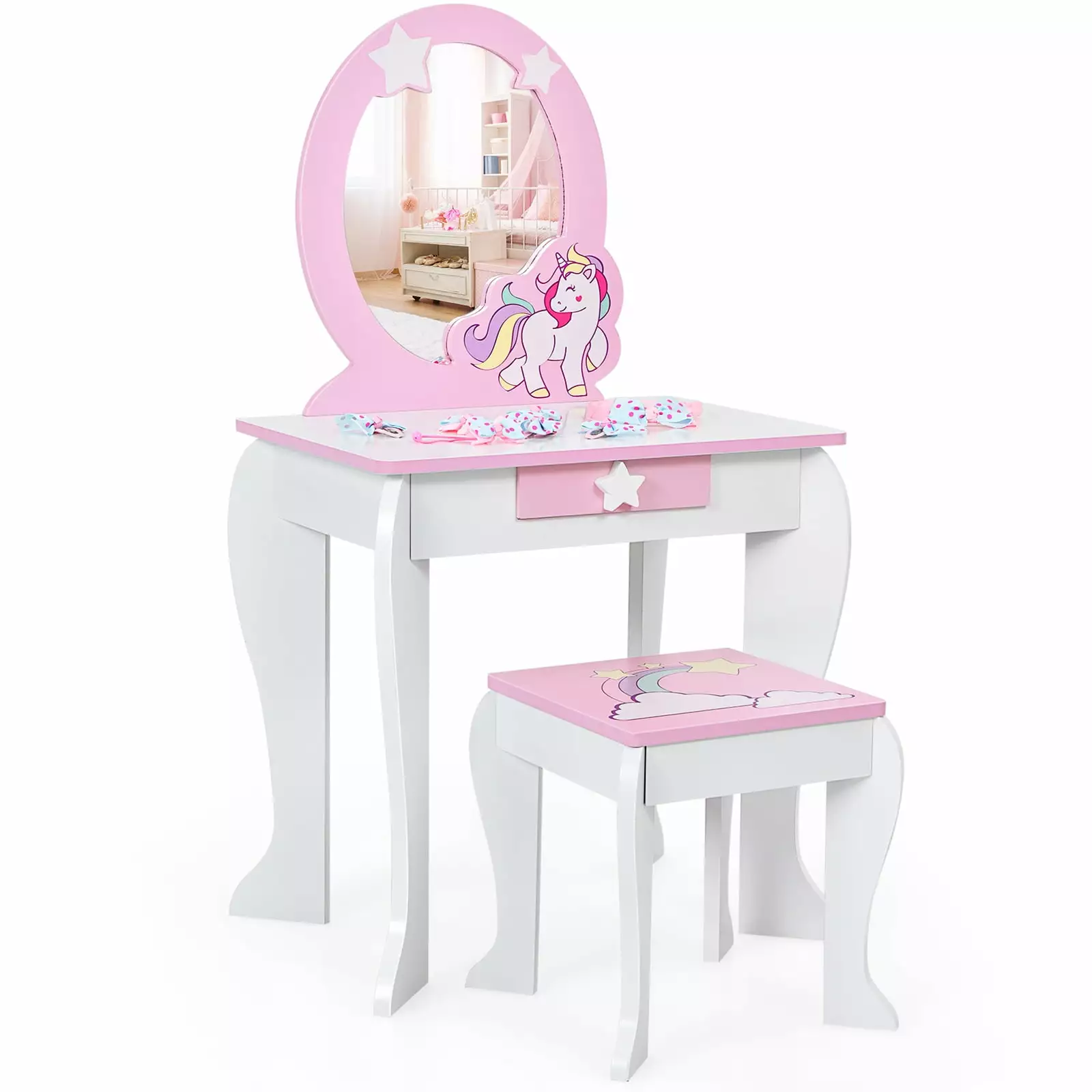 Infans Kids Vanity Makeup Dressing Table Chair Set Wooden W/ Mirror Drawer