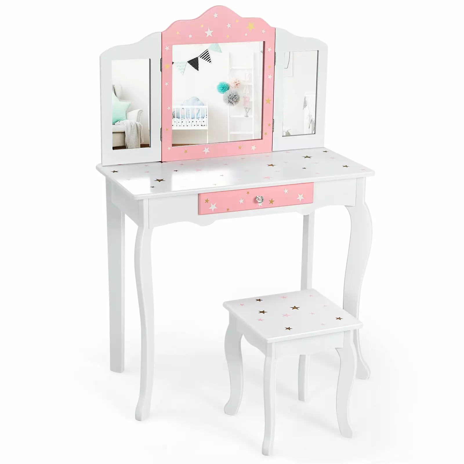 Infans Kids Vanity Princess Makeup Dressing Table Chair Set W/ Tri-folding Mirror White