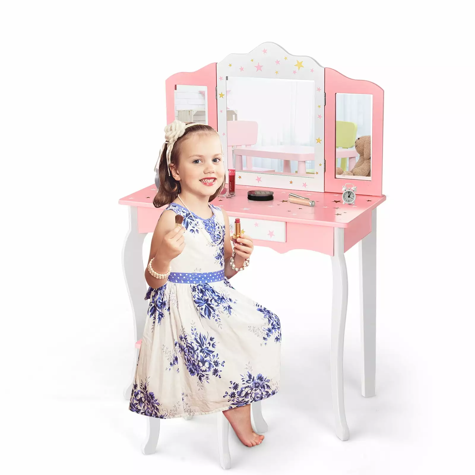 Infans Kids Vanity Princess Makeup Dressing Table Stool Set W/ Mirror Drawer Pink