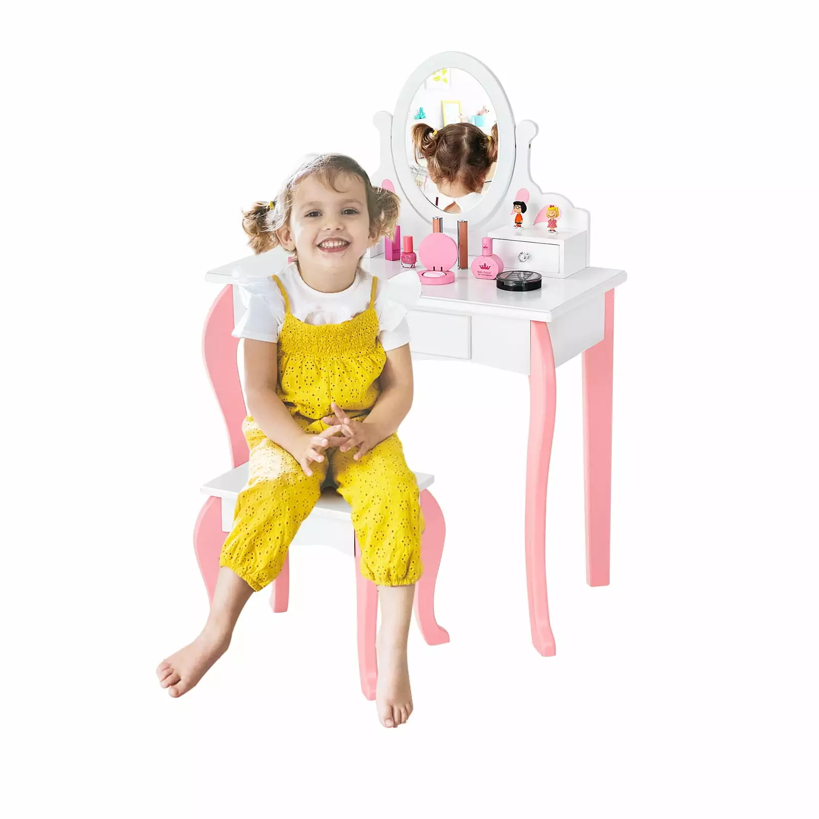 Infans Kids Vanity Princess Makeup Dressing Table Stool Set W/ Mirror Drawer White