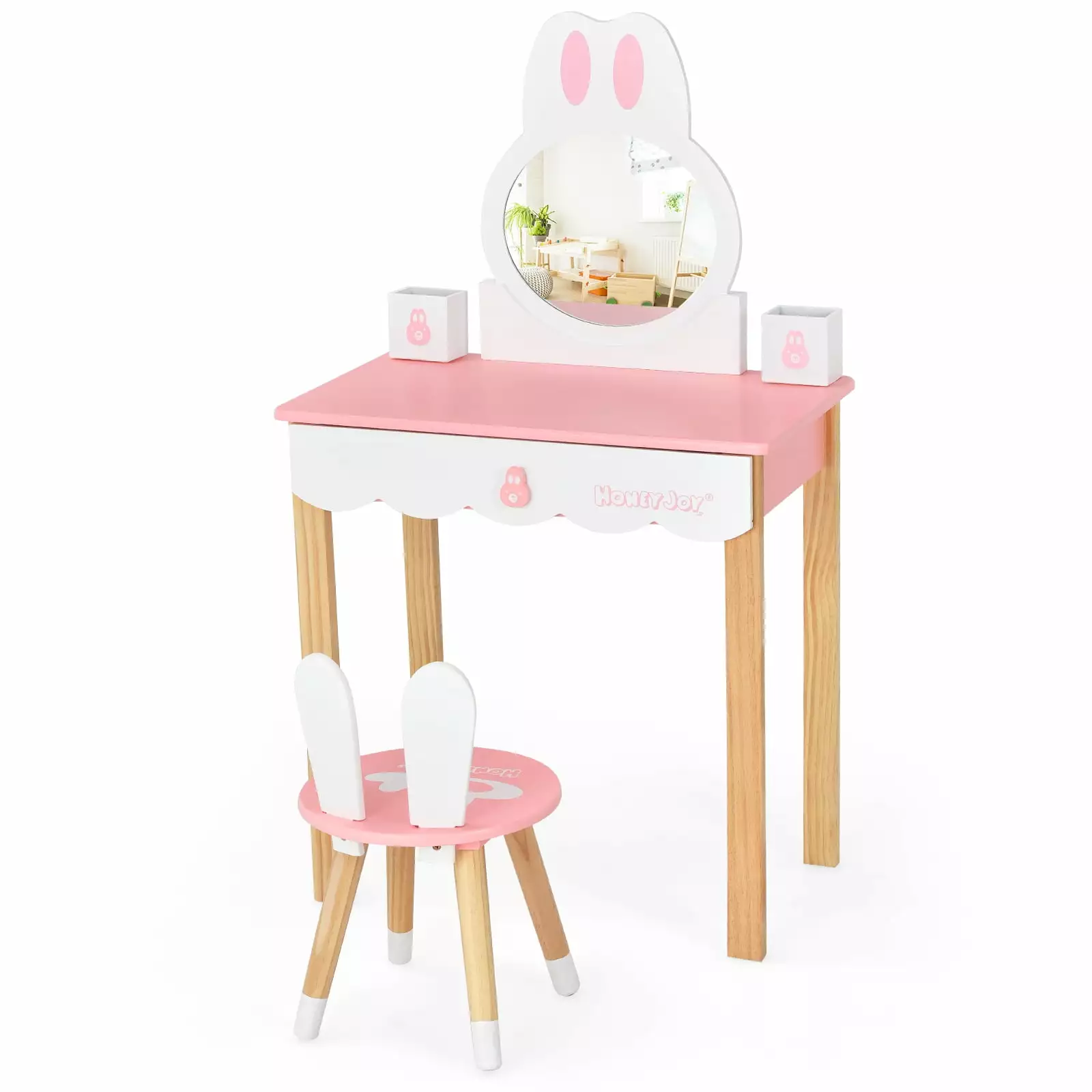 Infans Kids Vanity Set Rabbit Makeup Dressing Table Chair Set W/ Mirror Drawer Pink