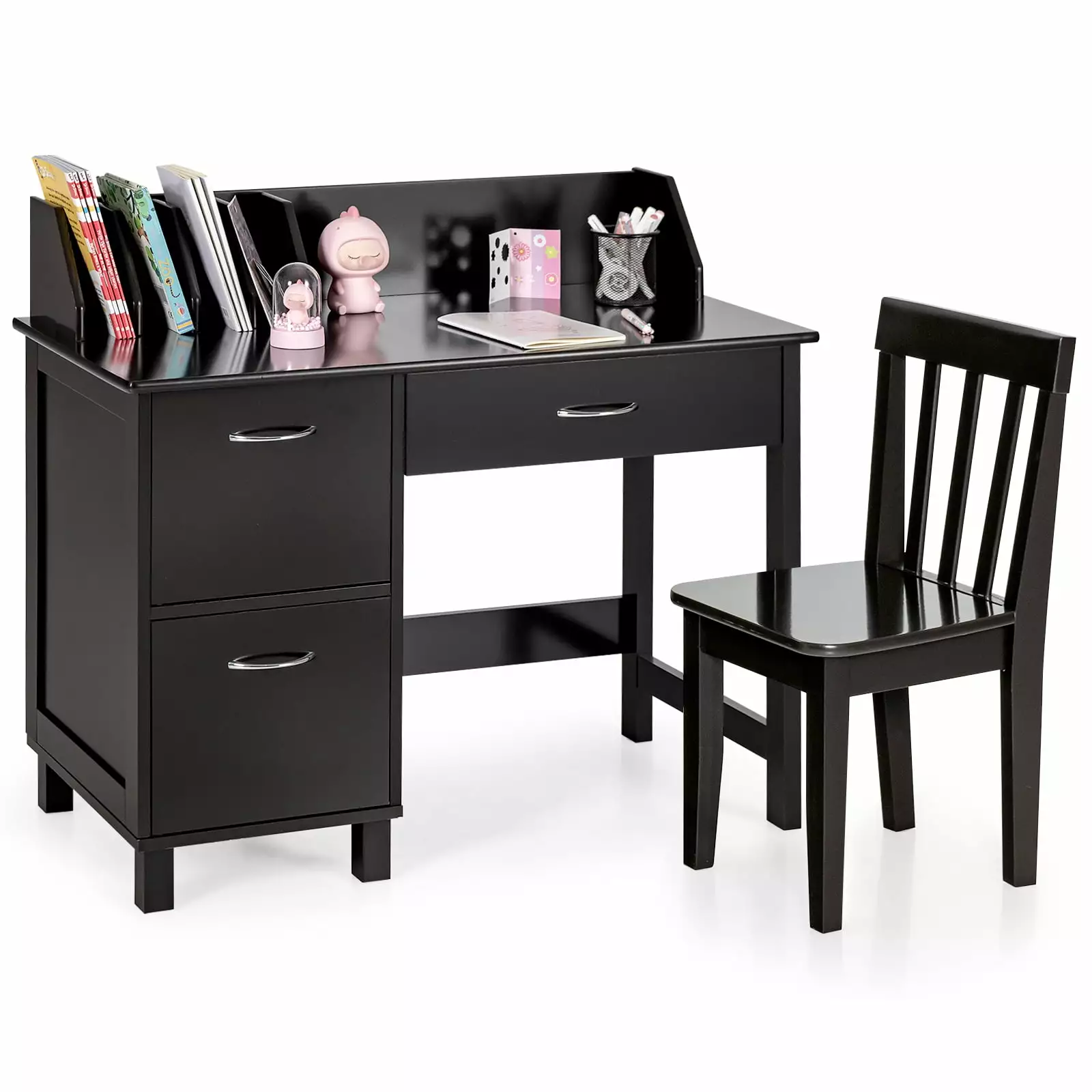 Infans Kids Wooden Study Desk & Chair Writing Table w/Drawer Storage Cabinet