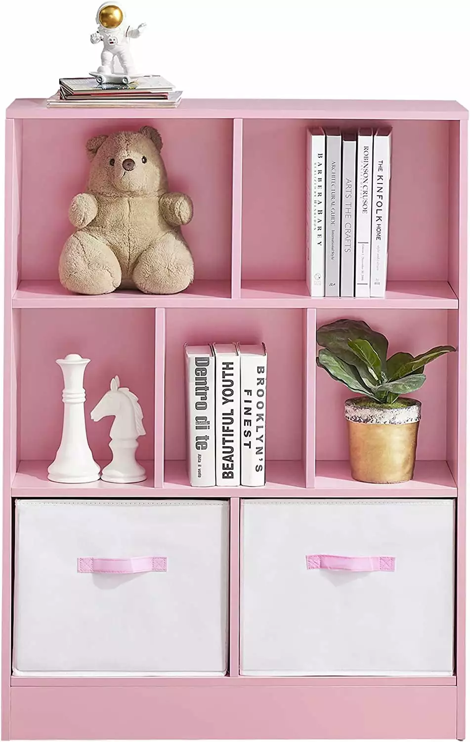 Ivinta 3-Tier Pink Bookcase Bookself with Open Shelves for Kids. Toddler Cabinet with Fabric Drawers