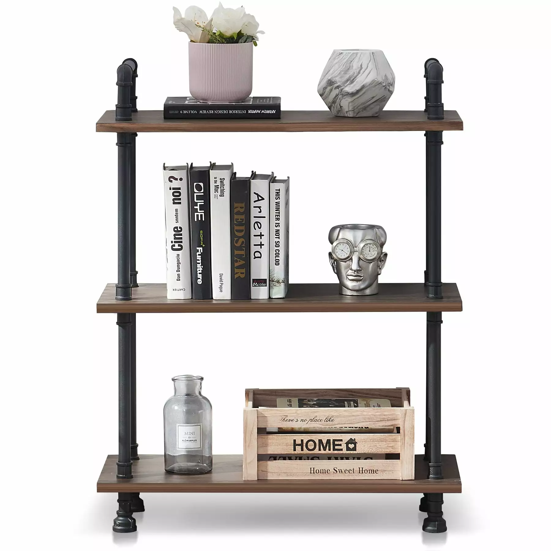 Ivinta Industrial Bookshelf 3 Shelf Bookcase. Rustic Storage Shelf Plant Shelf Vintage Kitchen Shelves. Farmhouse Etagere Heavy Duty Display Shelf Wide Modern Open Pipe Book Case (3-Tier)