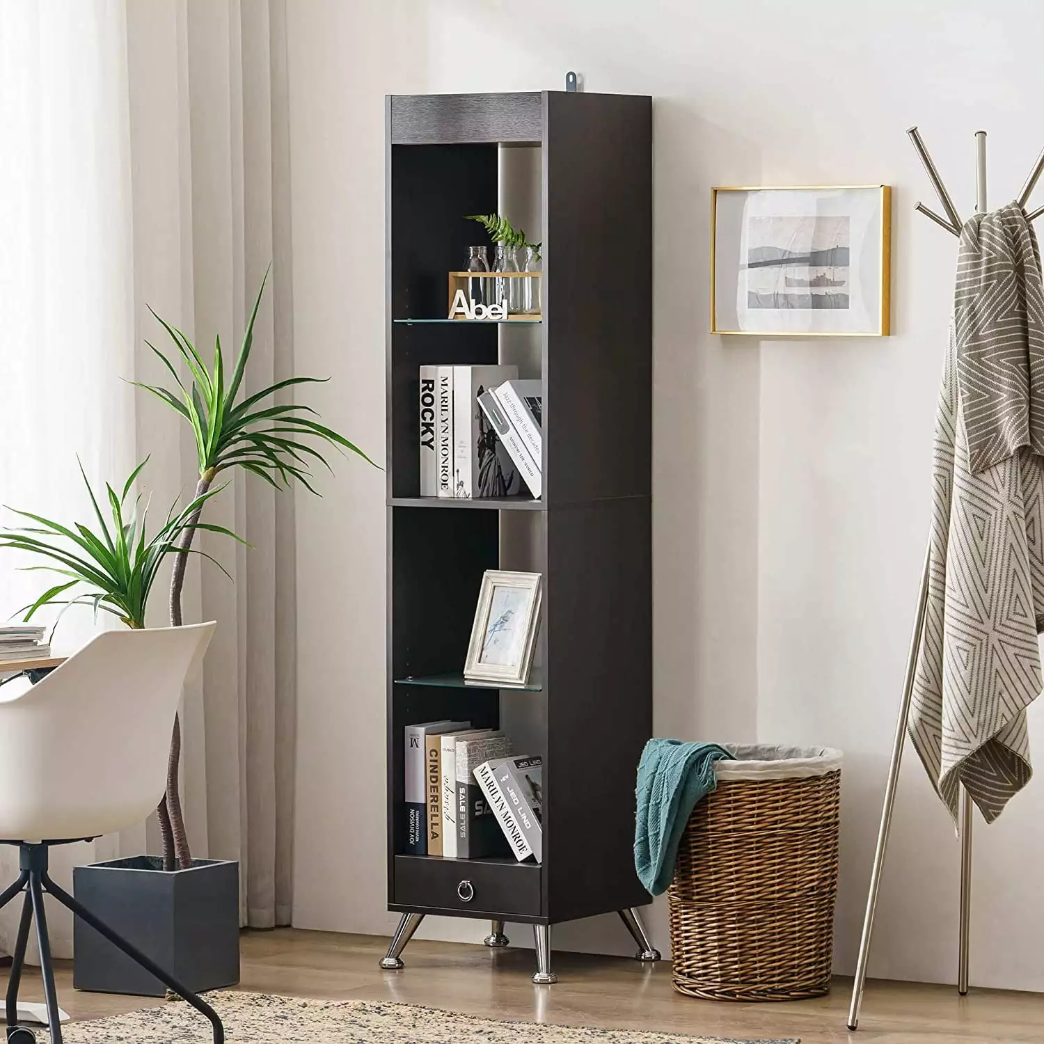 Ivinta Tall Narrow Bookshelf for Entryway. Storage Display Shelves with Adjustable Glass Shelf