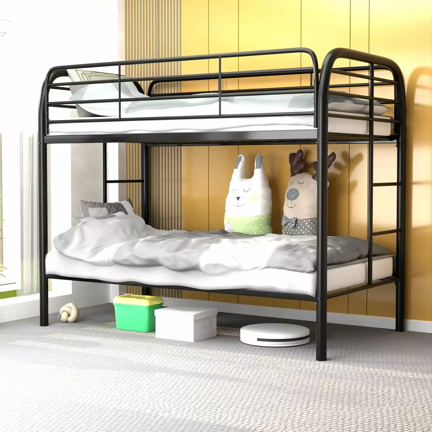 JAORD Metal Bunk Bed. Twin Over Twin Size Beds with Two Side Ladders & Safety Guard Rail. Space-Saving Design. Noise-Free. Black. Assembly Required